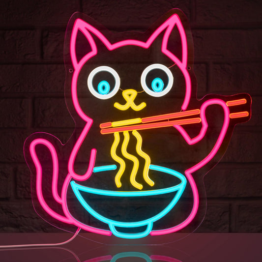 LMHSE Ramen Cat Neon Sign for Wall Decor, Cute Cat Neon Sign Ramen LED Signs for Wall Art Decor Restaurant Home Bar Kitchen Dining Bedroom Art Decor