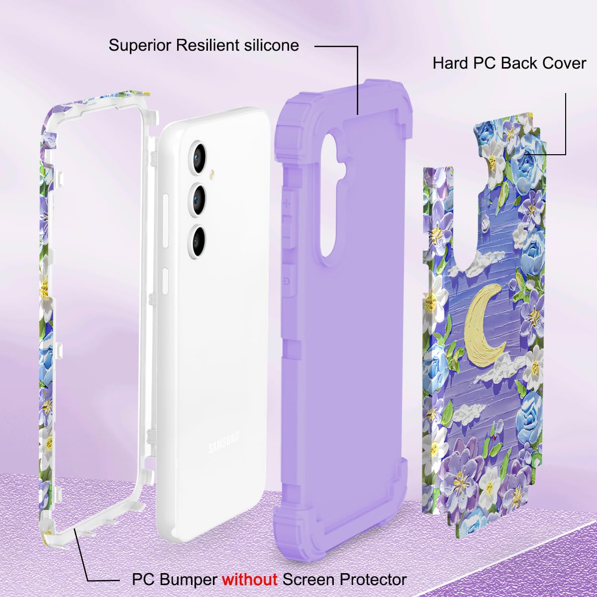 SleekCover for Galaxy S24 Case,3 in 1 Oil Painting Flower Pattern Heavy Duty Shockproof Protection Silicone Rubber Bumper+Hard Plastic Hybrid
