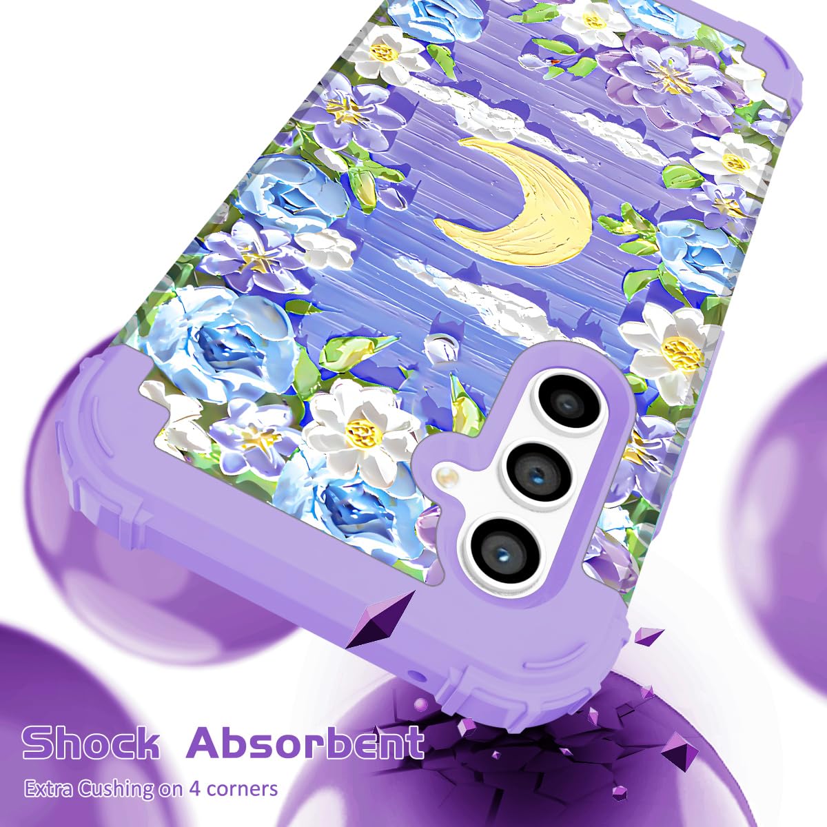 SleekCover for Galaxy S24 Case,3 in 1 Oil Painting Flower Pattern Heavy Duty Shockproof Protection Silicone Rubber Bumper+Hard Plastic Hybrid