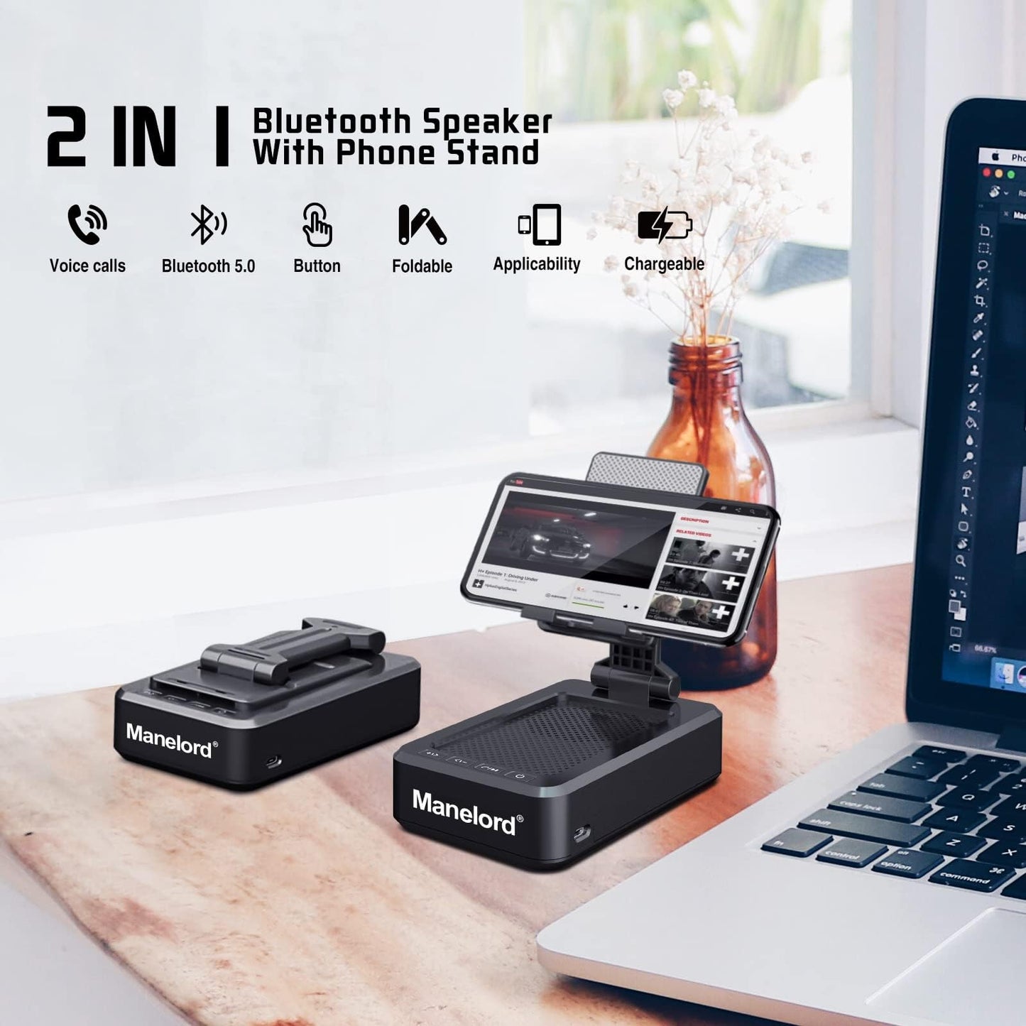 Cell Phone Stand with Wireless Bluetooth Speaker Compatible for iPhone/Samsung/iPad Tablet, Anti-Slip Design Phone Stand with HD Surround Sound