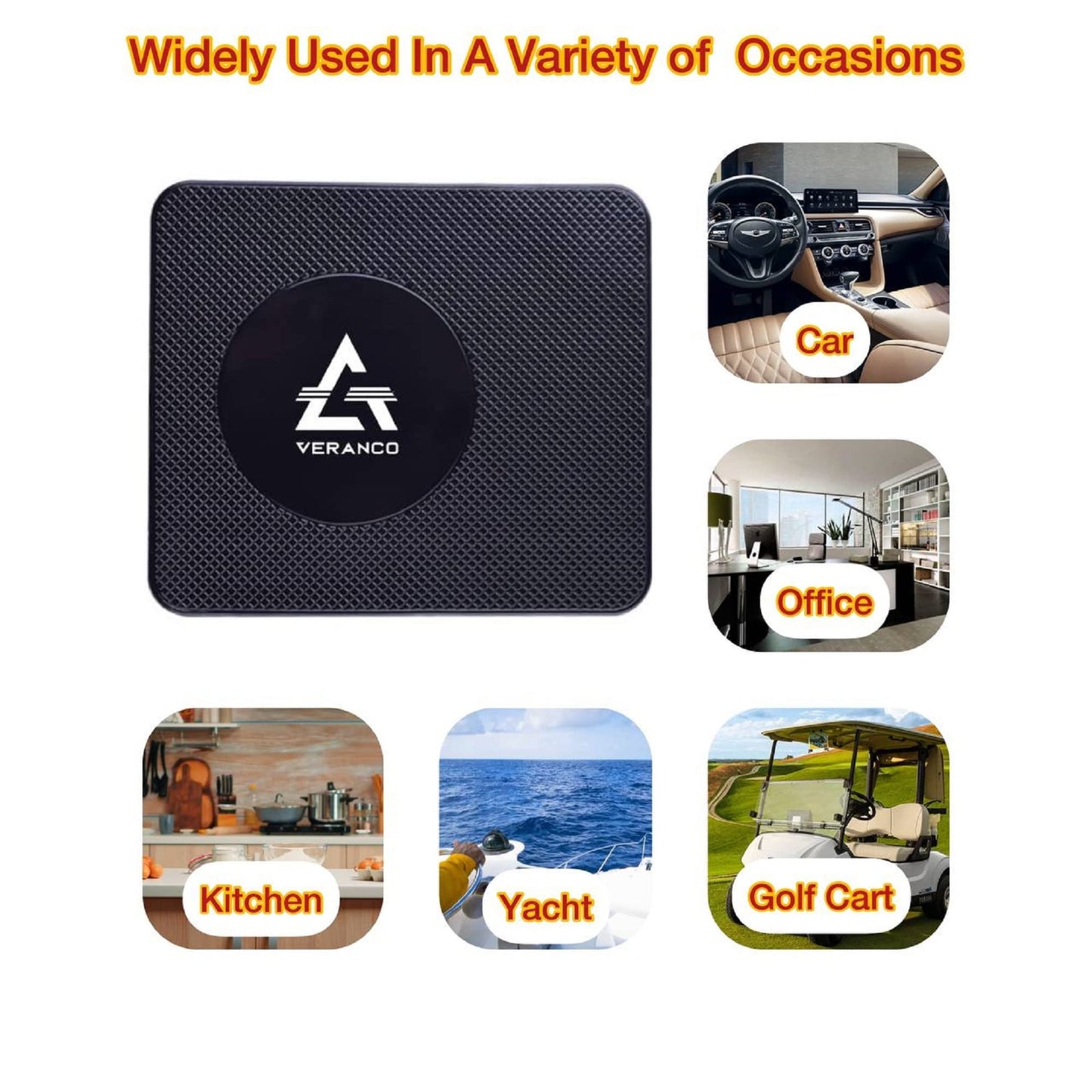 A VERANCO Car Dashboard Mat, 5.5x6.3 inches, PU Gel Material, Black, Universal Fit, Multifunction Anti-Slip Mat for Phone Holder, Radar Detector