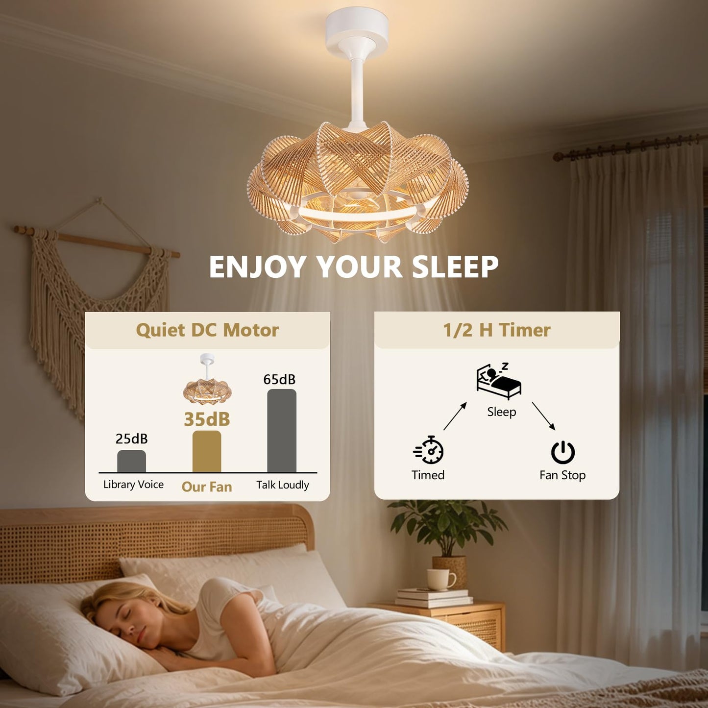 NOXARTE 20 inch Rattan Ceiling Fan with Lights, Dimmable Boho Fandelier, Farmhouse Caged Fan, Chandelier Ceiling Fan with 6 Speeds for Bedroom, Living
