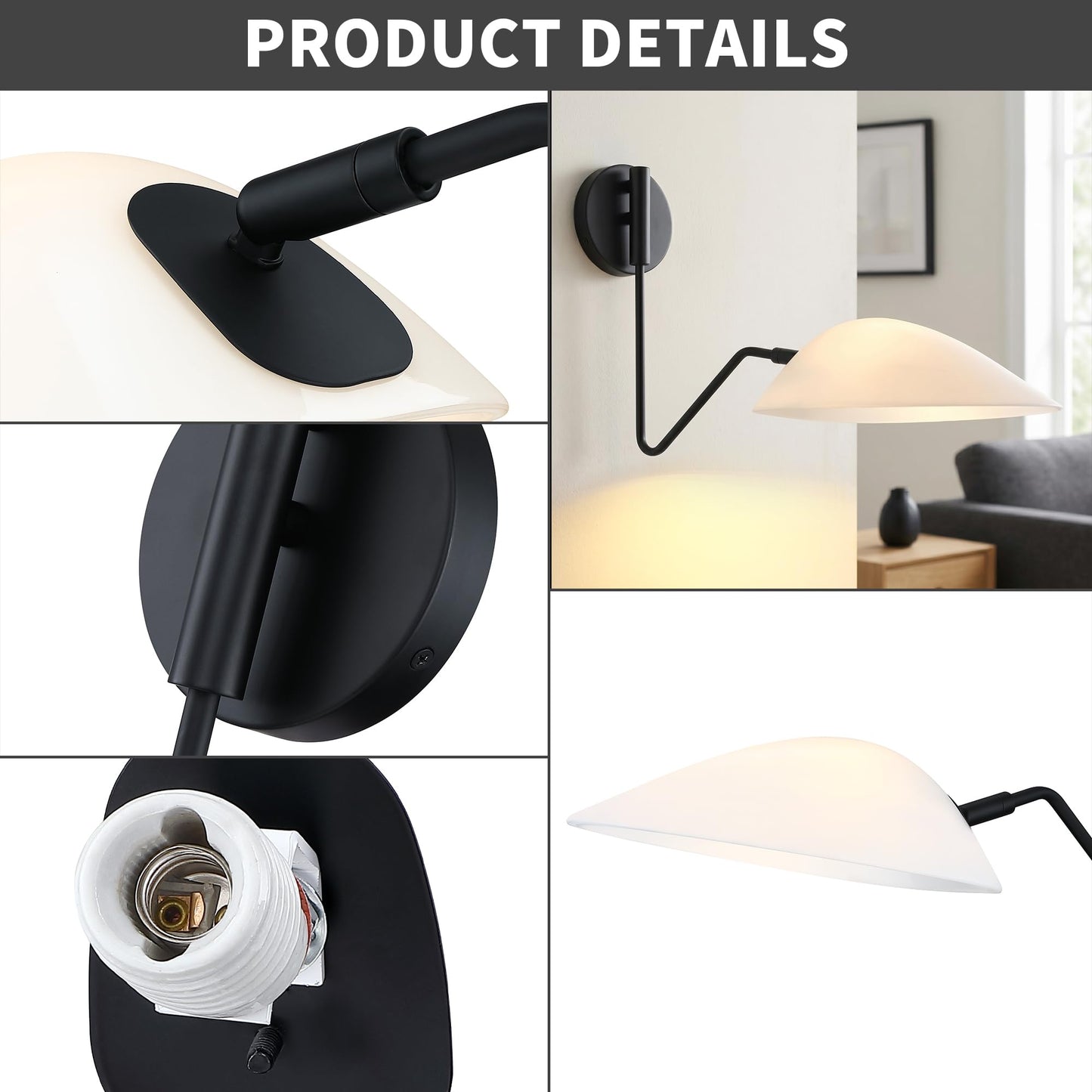MEXO Adjustable Black Wall Sconce with Opal Shades, Flexible Directional Wall Light with Swivel & Tilt Function, Suitable for Bedrooms, Living Rooms