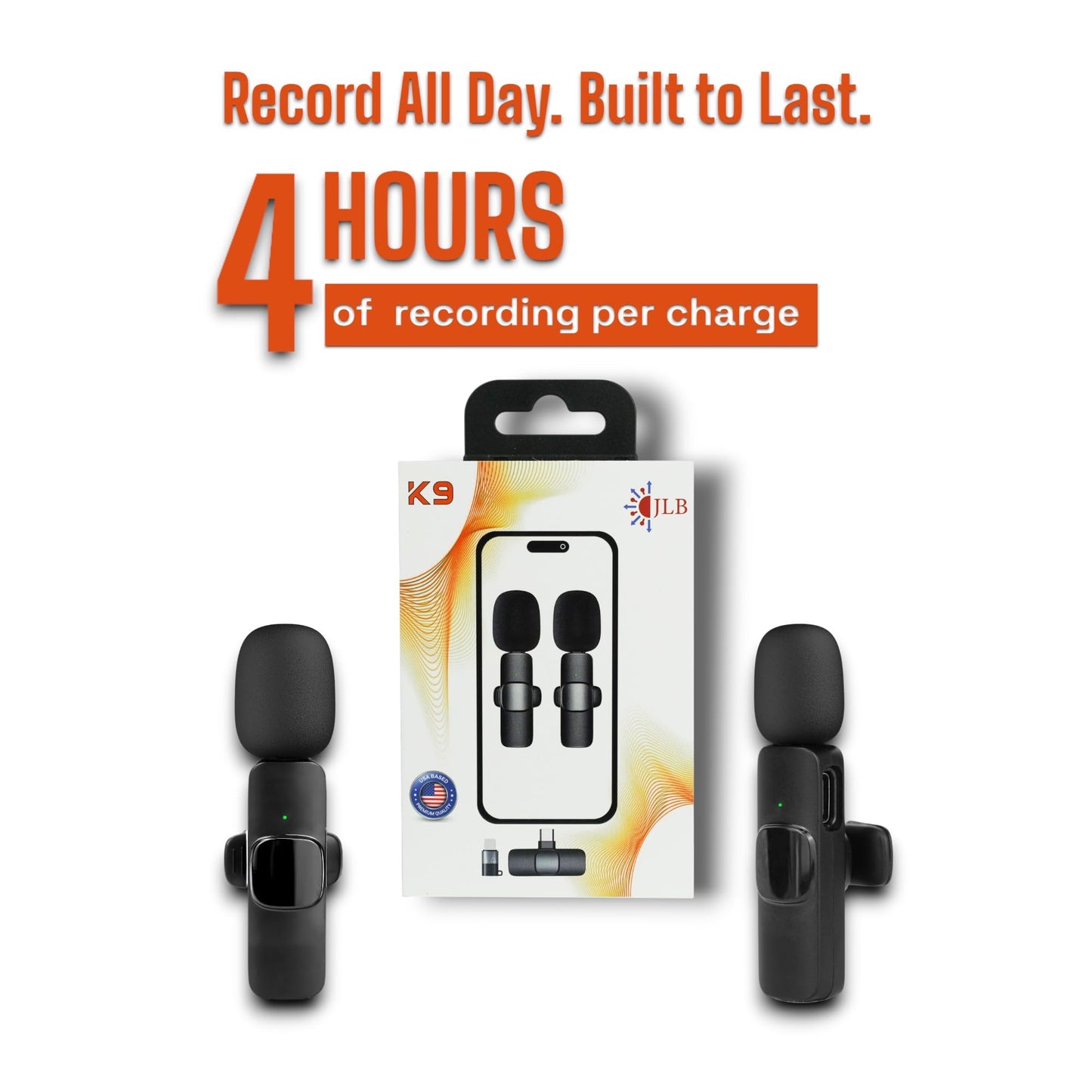 JLB American-Based Wireless Lavalier Microphone 2-Pack for iPhone, iPad, USB-C Devices, Plug & Play, Noise Canceling, 360° Sound Pickup, Reverb Mode