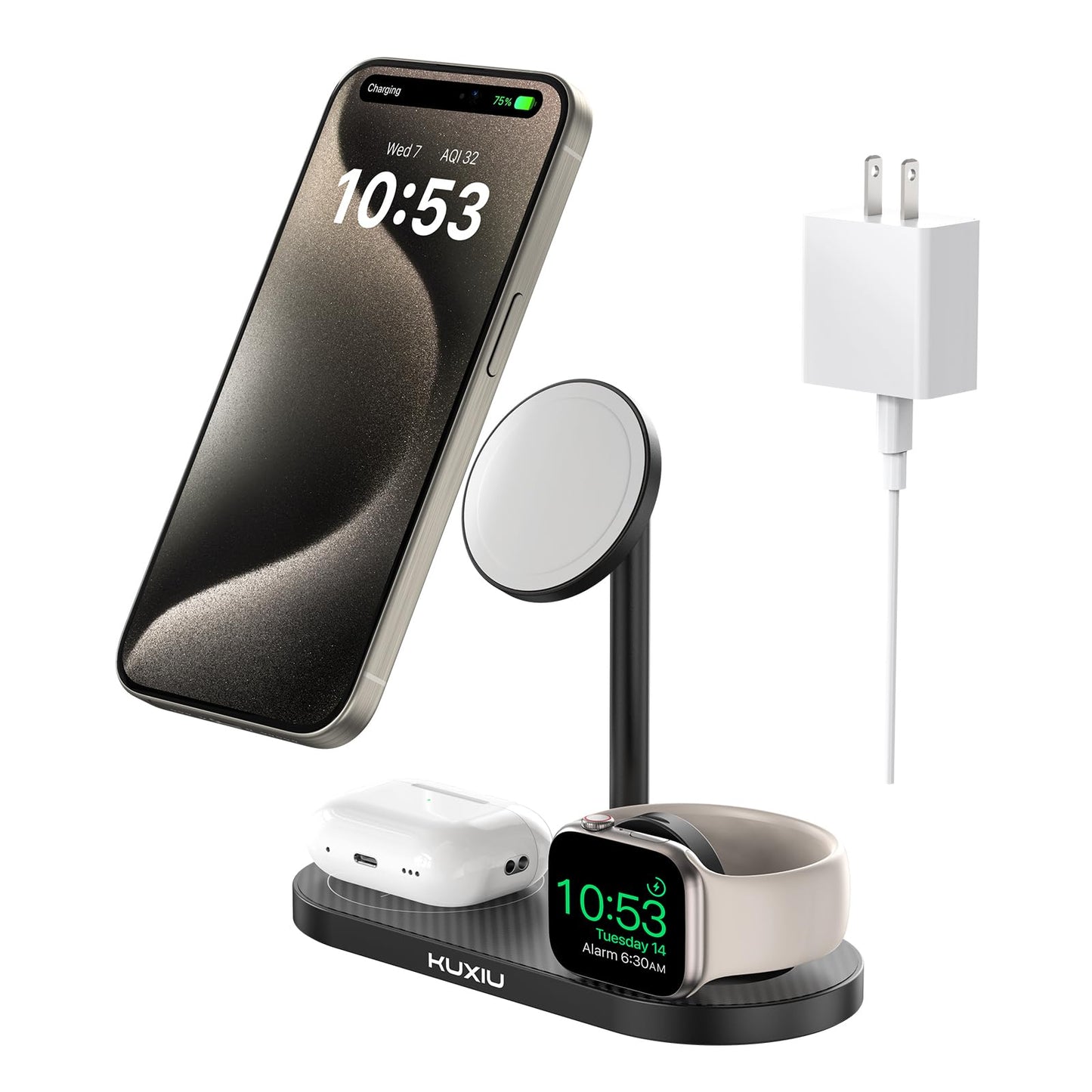 KU XIU Aluminum Alloy 3 in 1 Charging Station for Apple, Magnetic Wireless Charger Stand for iPhone 16/15/14/13/12 Series, 5W Fast Wireless Travel
