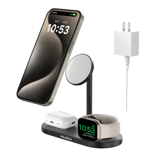 KU XIU Aluminum Alloy 3 in 1 Charging Station for Apple, Magnetic Wireless Charger Stand for iPhone 16/15/14/13/12 Series, 5W Fast Wireless Travel