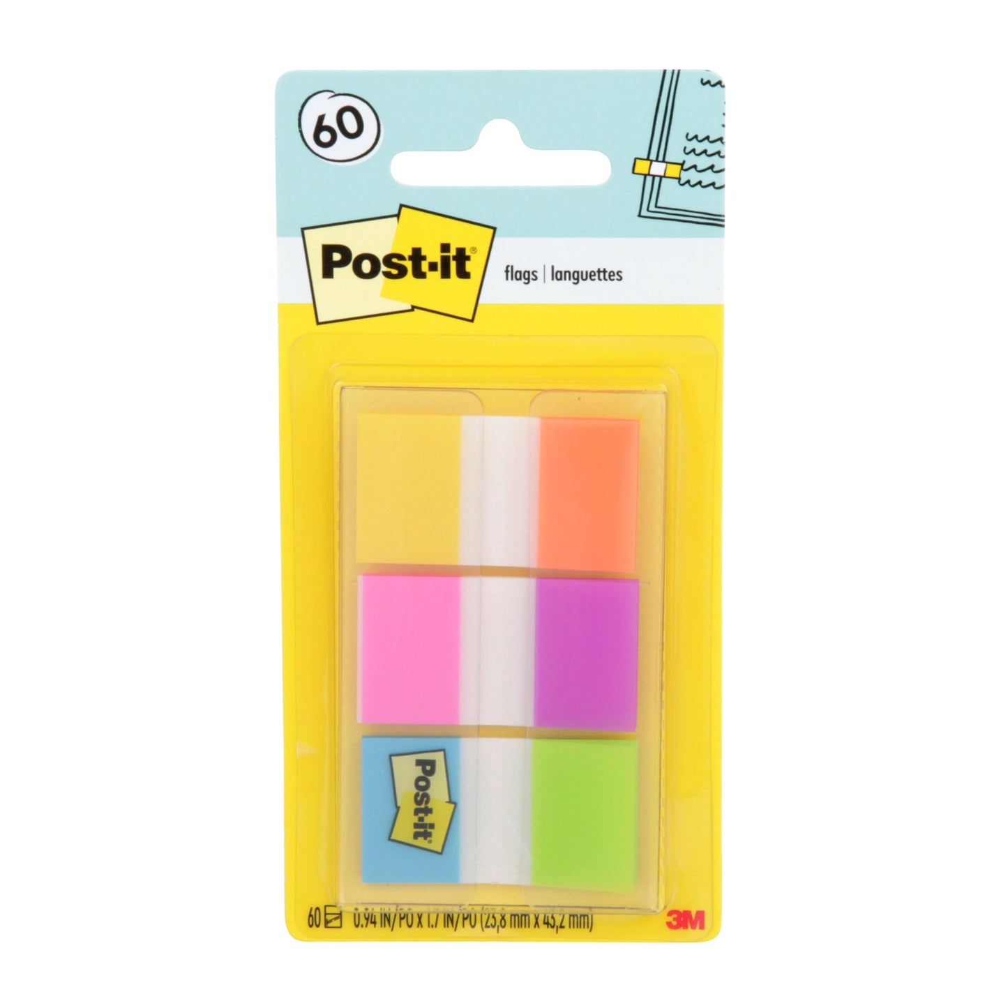 Post-it Flags, 0.94 in. x 1.7 in., One Dispenser with 20-Count Sticky Tabs in Alternating Colors (60 Flags Total), Removable Page Markers for Books