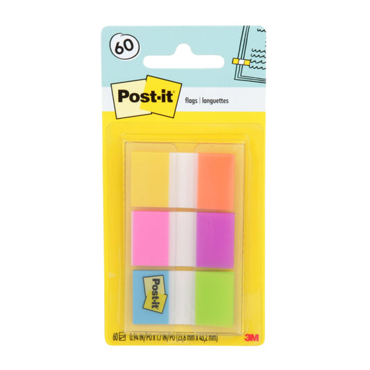 Post-it Flags, 0.94 in. x 1.7 in., One Dispenser with 20-Count Sticky Tabs in Alternating Colors (60 Flags Total), Removable Page Markers for Books