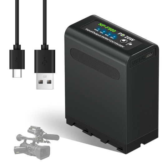 10800mAh NP-F970 NP-F980 Battery Replacement with PD 20W Fast Charging Type C USB Fast Charging Cable for Sony Handycam Video Light Monitor