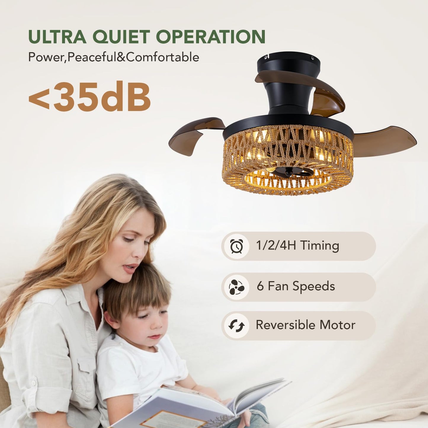 SPACORA 28'' Retractable Ceiling Fan with Lights and Remote, Flush Mount Small Caged Ceiling Fan Farmhouse Boho Fandelier Invisible Blades 6 Wind