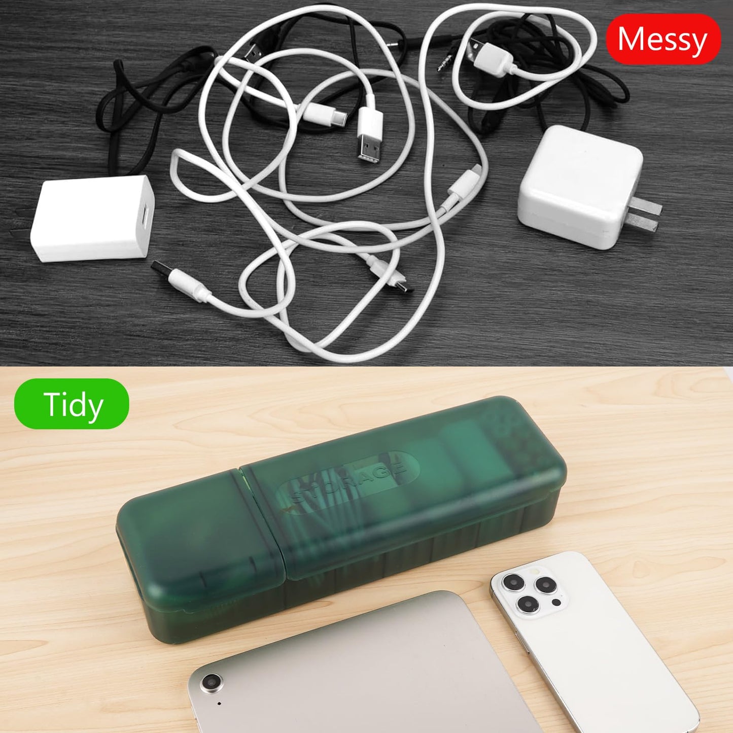 LUWOO Cable Organizer Box with 10 Wire Ties, Clear Charge Cord Management Cases with 7 Compartments, Desktop Drawer Organizer Storage Container, Wire