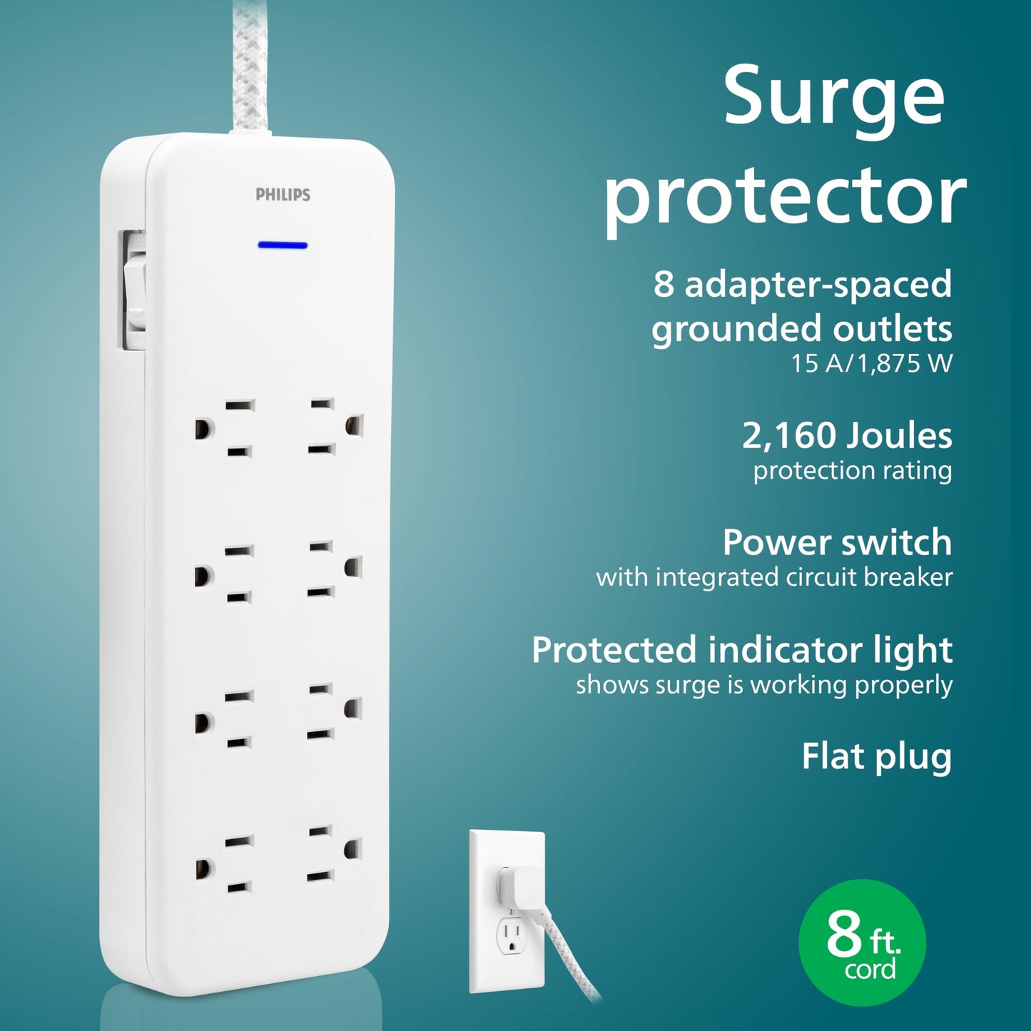 Philips EZFit 8-Outlet Surge Protector Power Strip, 8 Ft Braided Extension Cord, Widely Spaced Outlets, Flat Plug, for Home Office Dorm Essentials