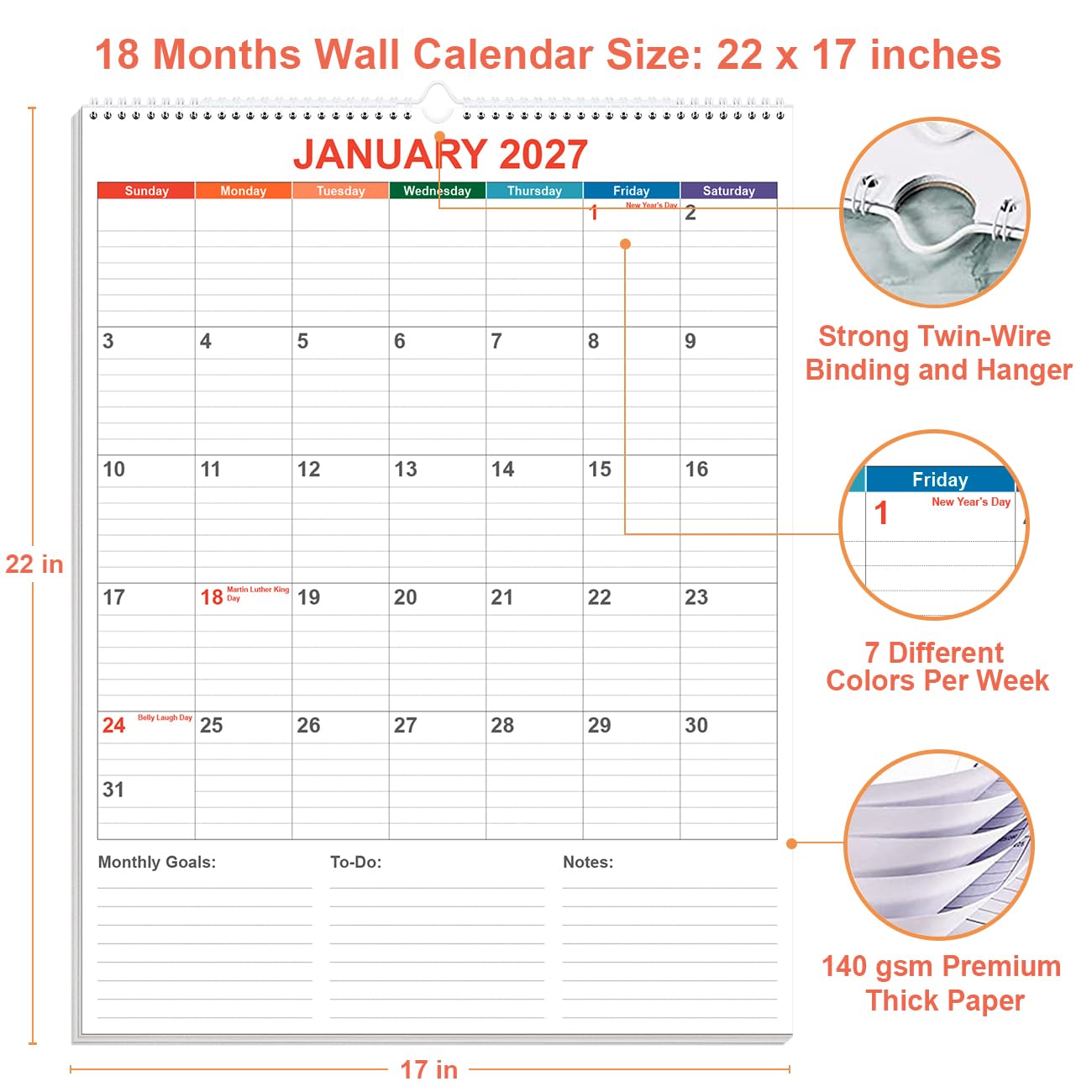Large Calendar 2026 with Spiral Bound - 18 Month Big Calendar from January 2026 to June 2027, Vertical Large Monthly Calendario 2026 for Wall, 22" x