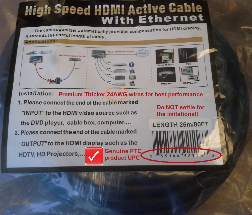 PTC 80ft (25m) Premium HDMI cable with Ethernet - Built-in Signal Amplifier to maintain signal integrity over long distance - Supports 4K video and 3D