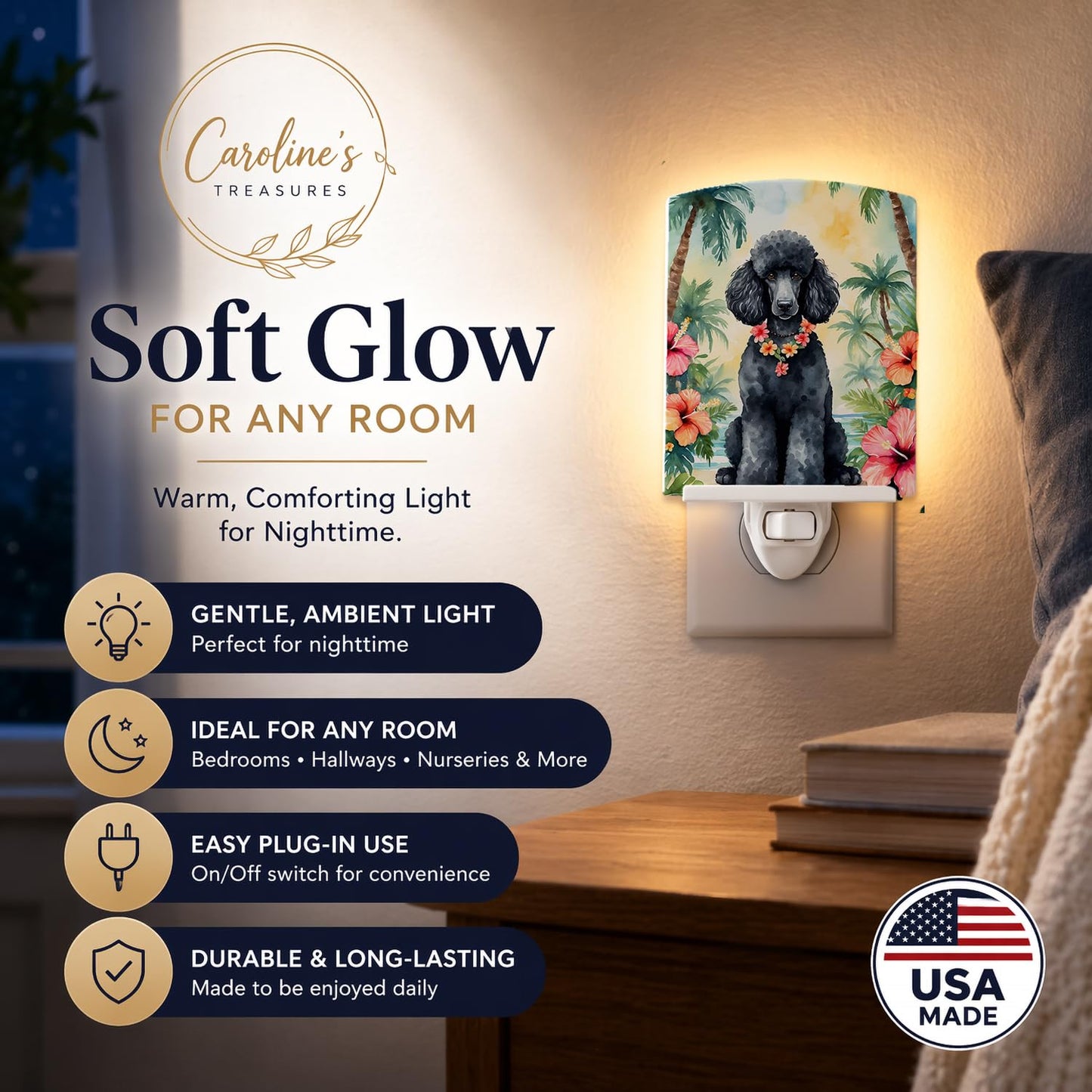 Caroline's Treasures Black Poodle Luau Ceramic Night Light Compact, UL-Certified, Ideal for Bedroom, Bathroom, Nursery, Hallway, Kitchen, 6x4x3
