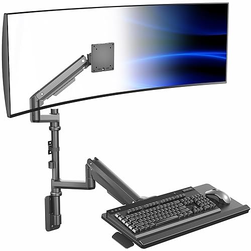 VIVO Sit-Stand Heavy Duty Ultrawide Monitor Wall Mount for Screens up to 49 inches with Height Adjustable Keyboard and Mouse Tray, Pneumatic Arm
