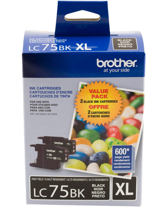 Brother Printer LC752PKS 2 Pack of LC-75BK Cartridges Ink - Retail Packaging, Black