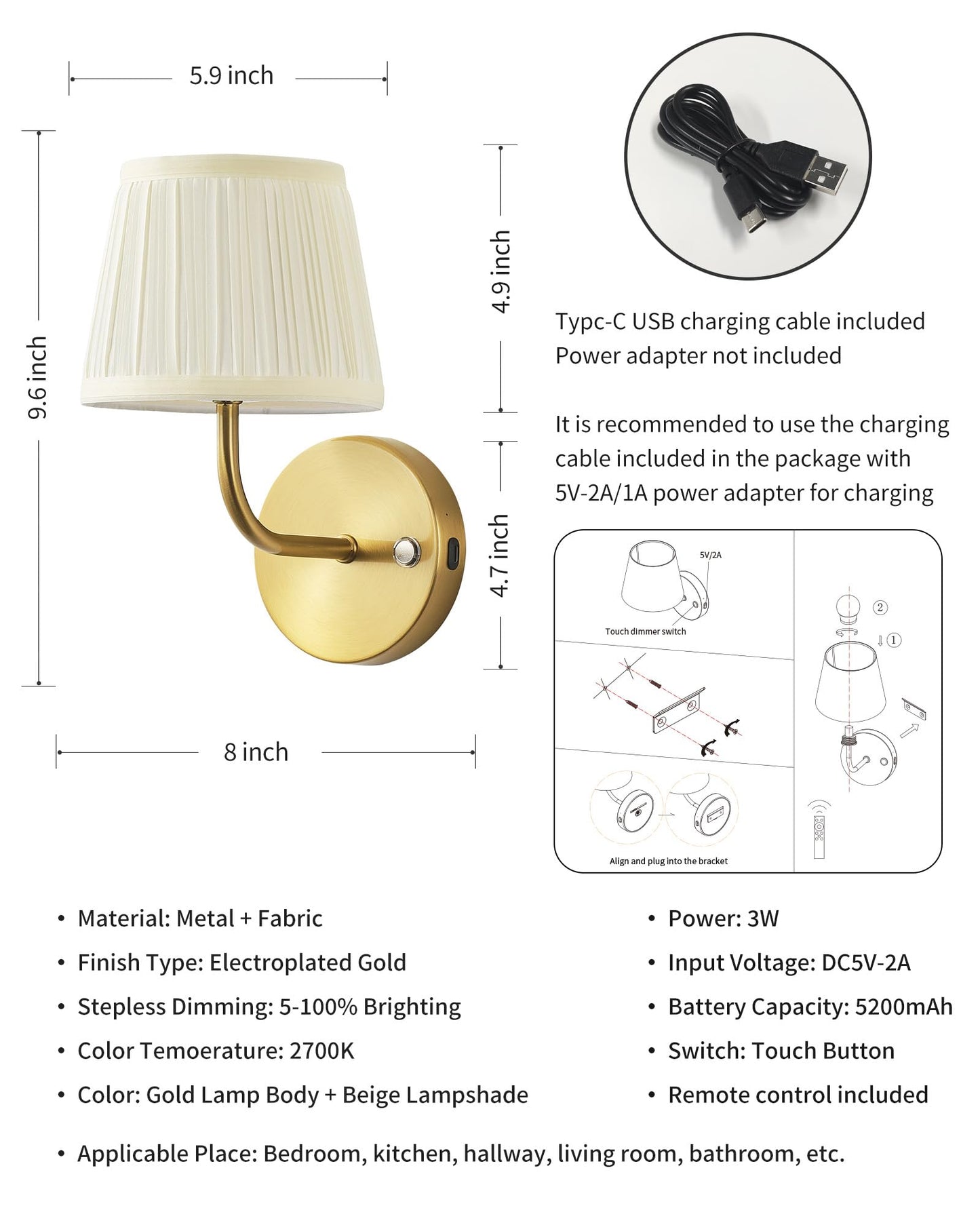 PUSU LED Cordless Gold H9.6 inch Small Wall Sconces Set of 2, Rechargeable 5200mAh Battery Operated Fabric Wall Lamp with Remote, Lighting for Living