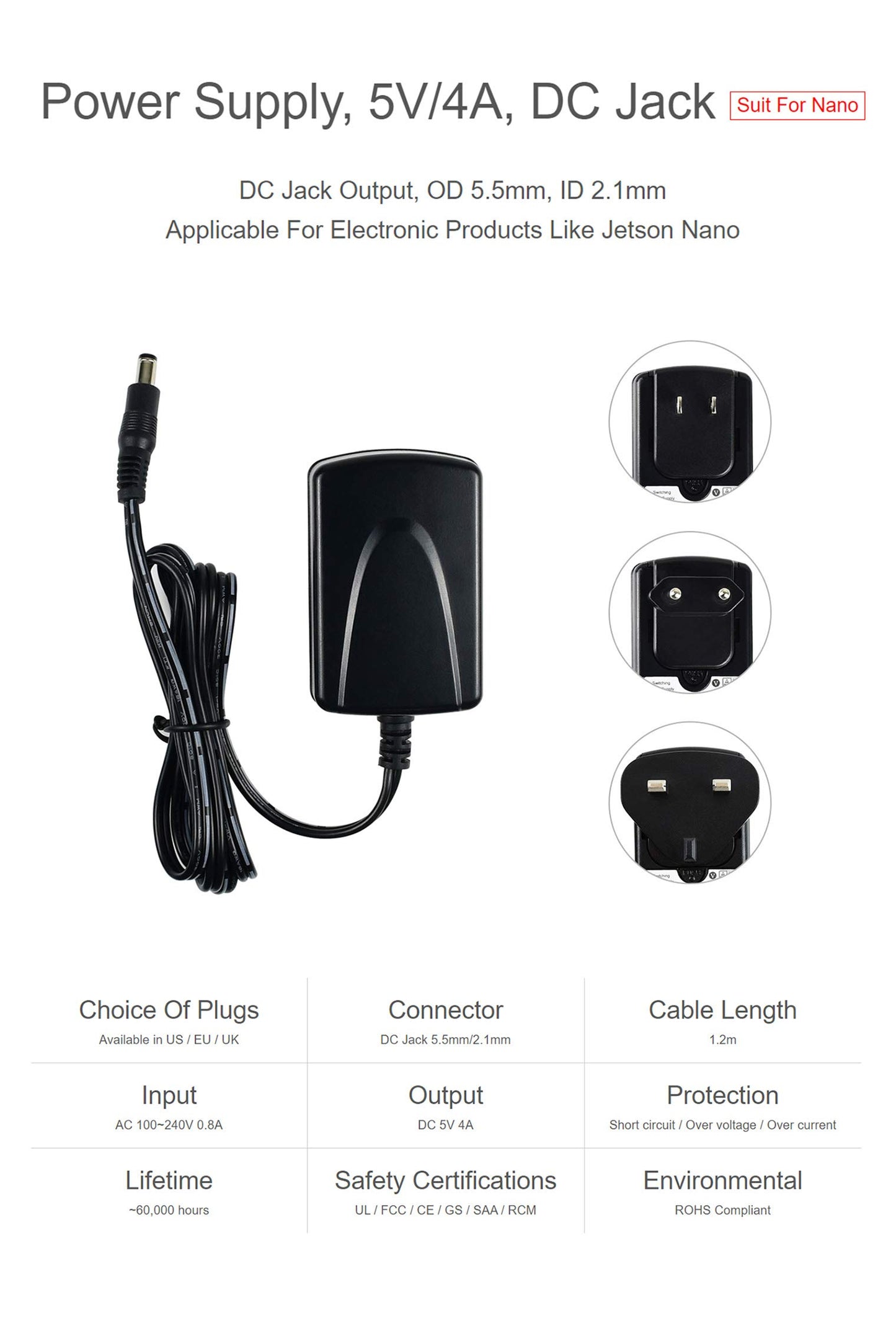 waveshare Power Supply for Jetson Nano,100-240V 0.8A AC to DC 5V 4A Power Adapter Converter for Jetson Nano, DC Jack Output OD 5.5mm ID 2.1mm