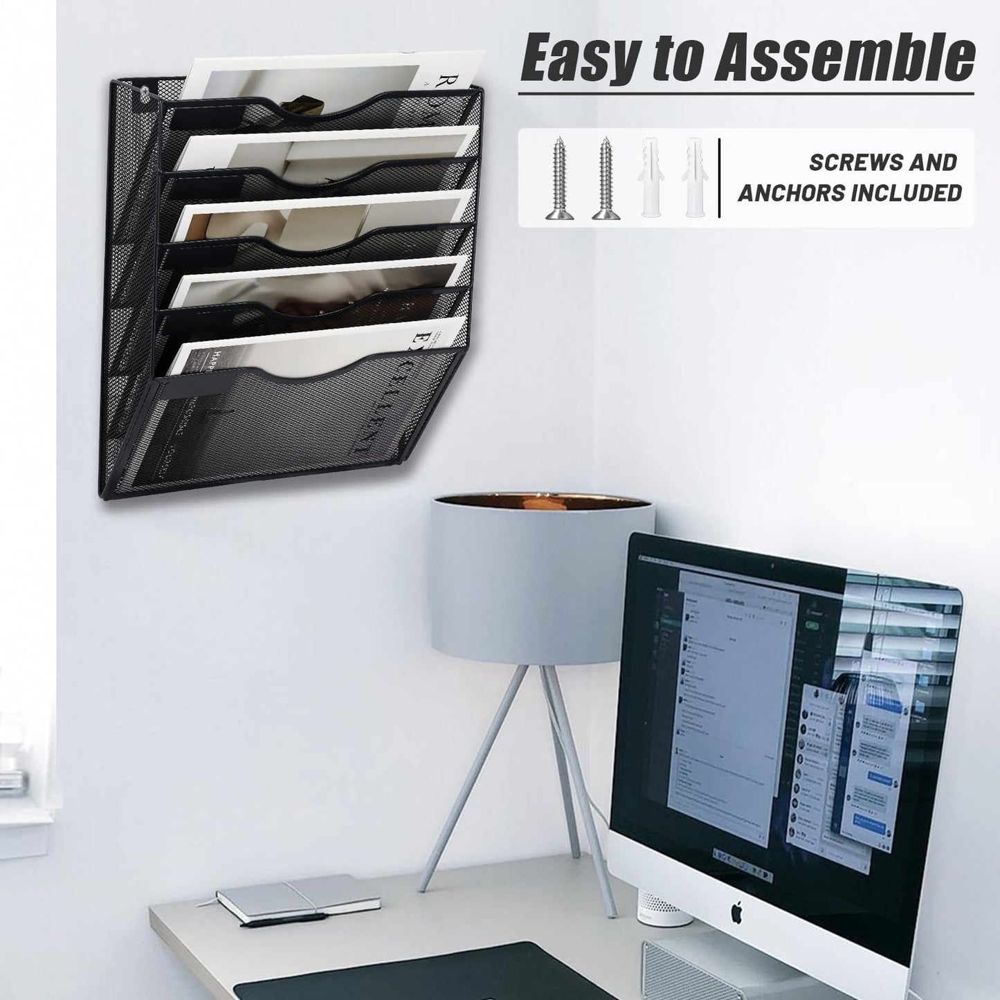 EASEPRES 5 Pocket Mesh Hanging Wall File Organizer, Wall Mounted Mail Paper Document Folder Holder, Clipboard Storage Organization Magazine Rack