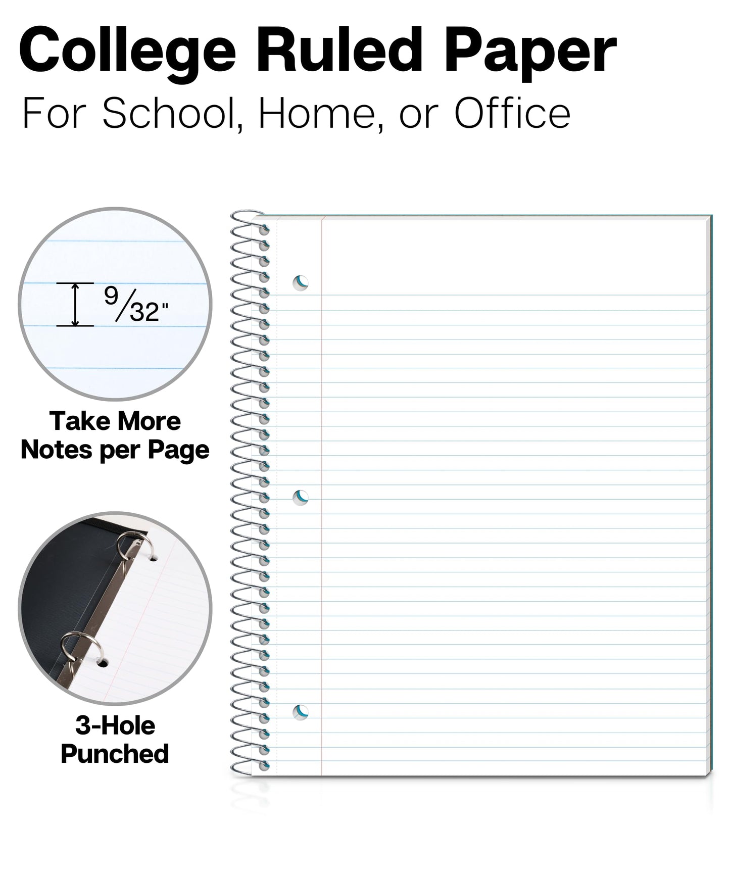 Dunwell College Ruled Spiral Notebook, (3-Pack, Red, Blue, Black) 1 Subject Notebook 8.5 x 11, Plastic Covers, Poly Pocket Dividers, 100 Sheets (200