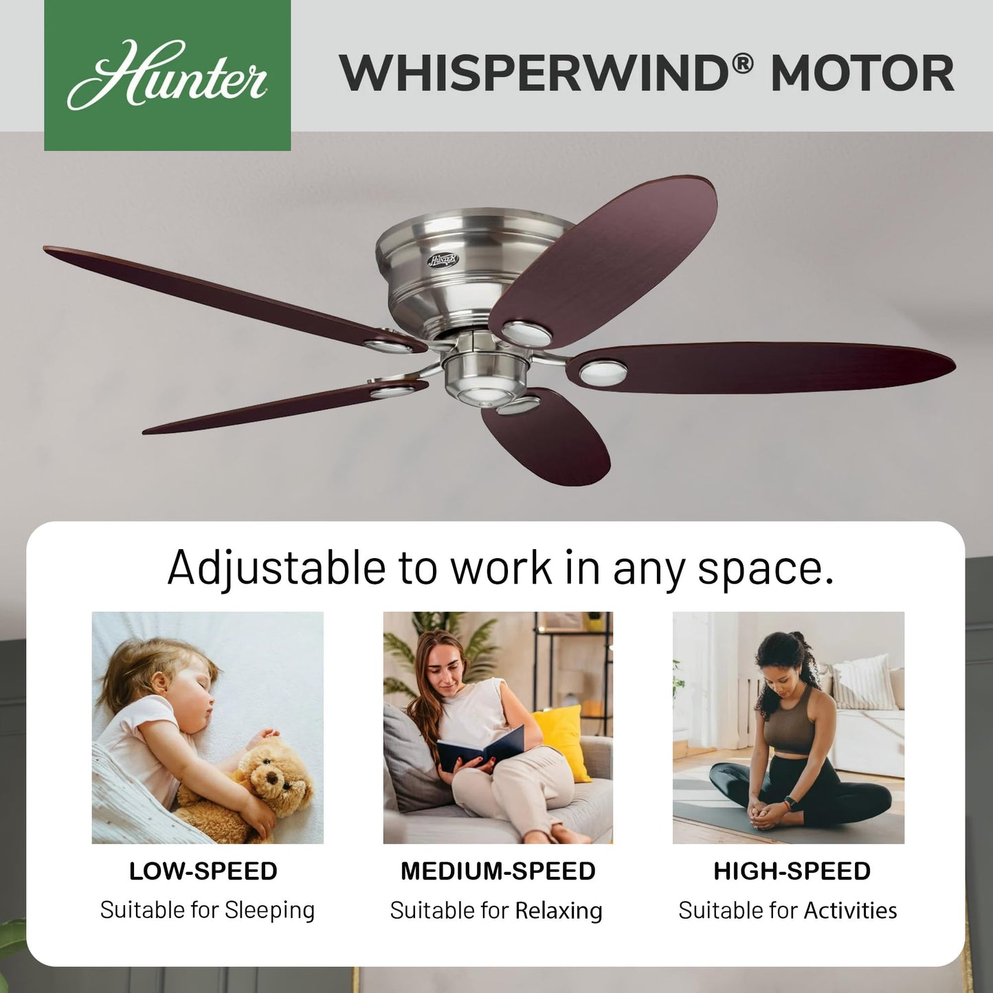 Hunter Fan 52 inch Low Profile Brushed Nickel Indoor Ceiling Fan with Pull Chain for Bedroom, Large Room/Great Room, Dining Room, Kitchen, Office