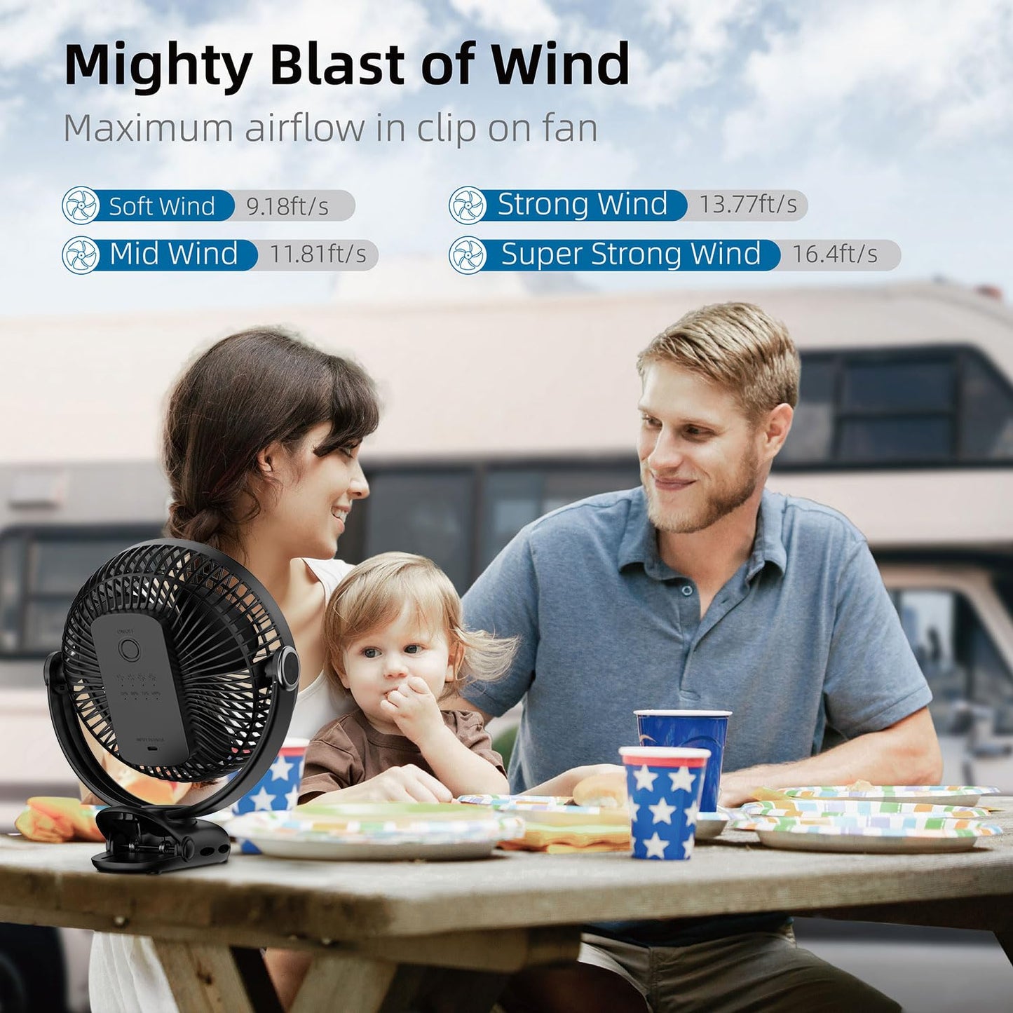 10000mAh 30hrs Portable Fan Rechargeable, 8-Inch Battery Operated Clip on Fan, USB Fans, 4 Speeds, Strong Airflow, Sturdy Clamp for Golf Cart Office
