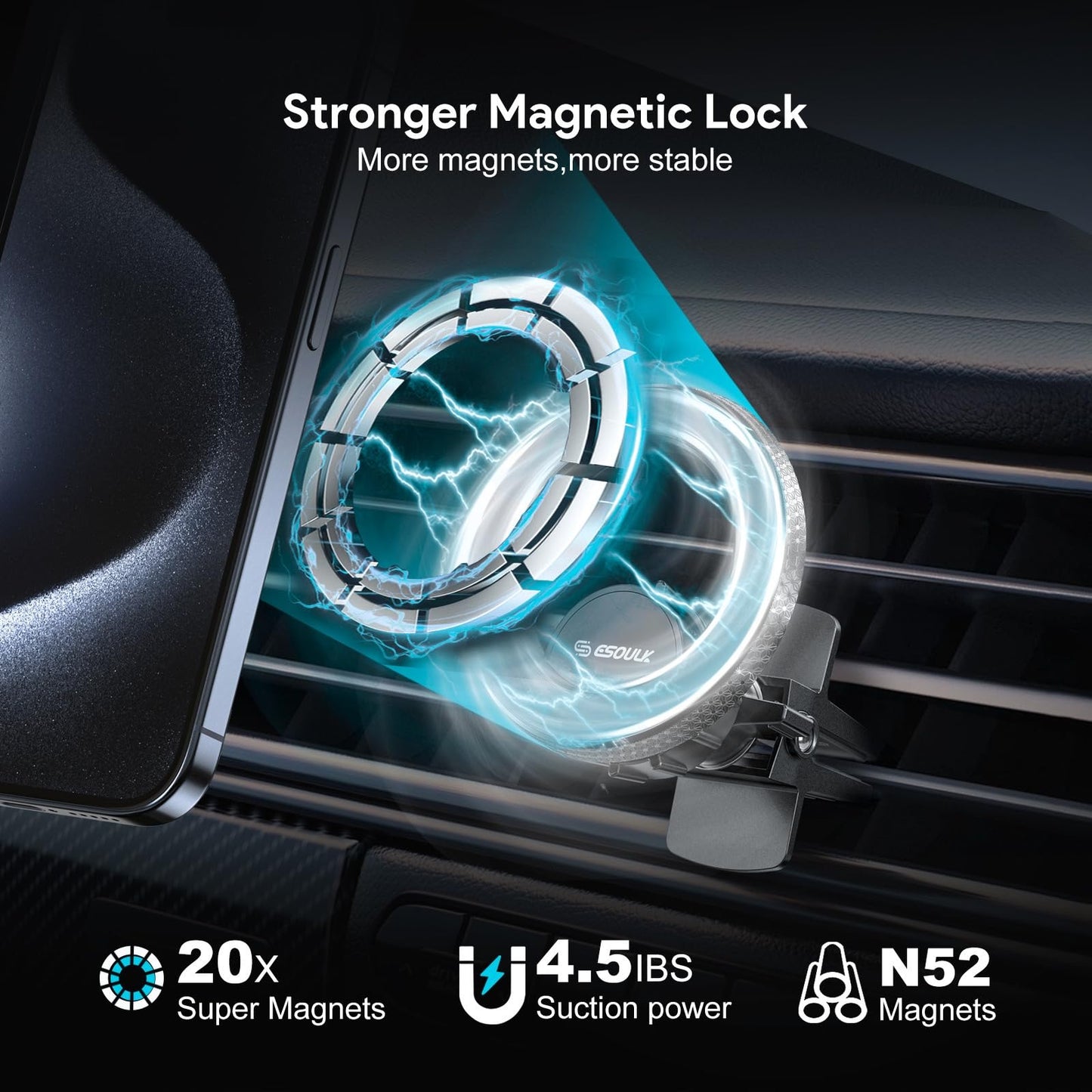 Esoulk] MagSafe Compatible Car Mount, Magnetic Air Vent Phone Holder for Car with Strong Magnets & Metal Ring Included, Hands-Free Car Phone Mount