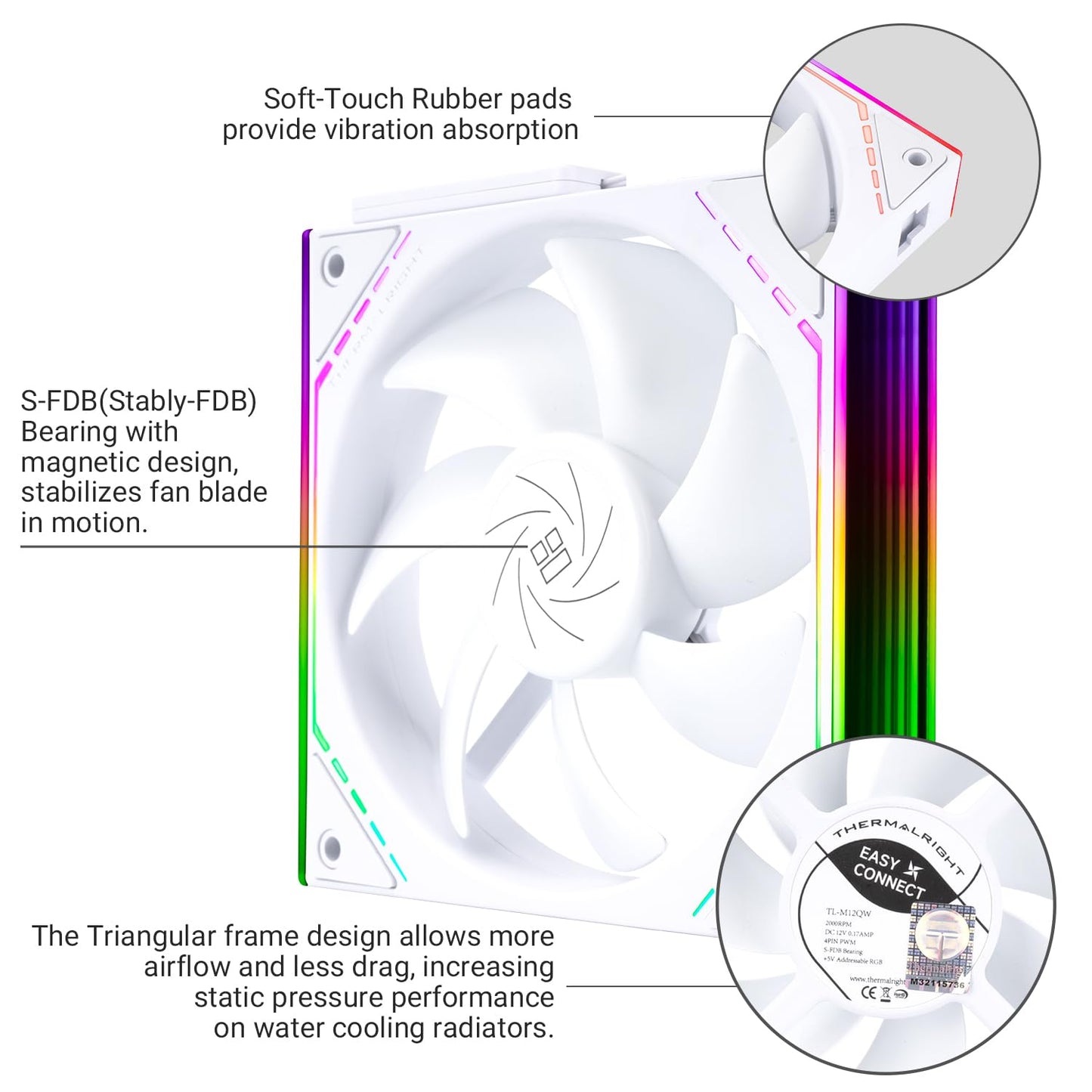 Thermalright TL-M12QW CPU Fan 120mm Case Cooler, PWM Connector Silent Computer Cooling with S-FDB Bearing,PC Fan with ARGB Mirror Light Effect,Low