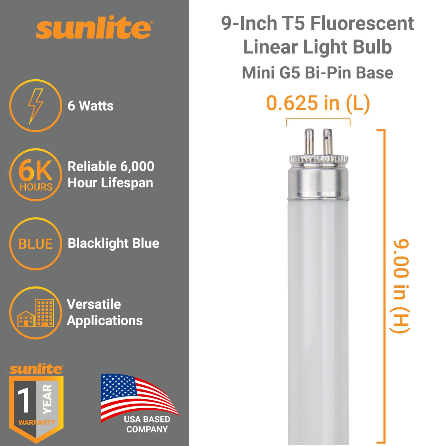 Sunlite F6T5/BL 6-Watt T5 Linear Fluorescent Light Bulb Mini Bi Pin Base, Black Light, 10-Pack