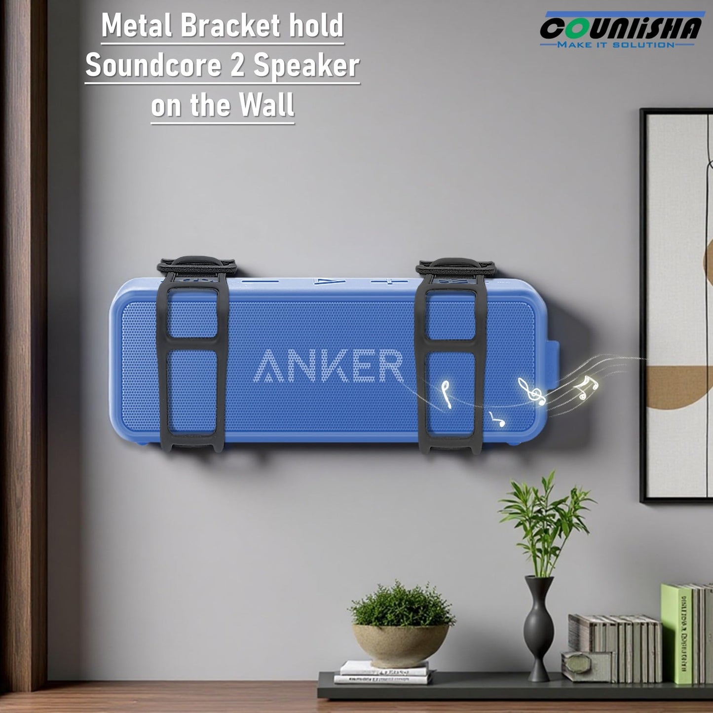 Metal Wall Mount Compatible for Anker Soundcore 2 Portable Bluetooth Speaker,Secure Shelf Holder with Adjustable Silicone Straps, Speaker Wall Bracket