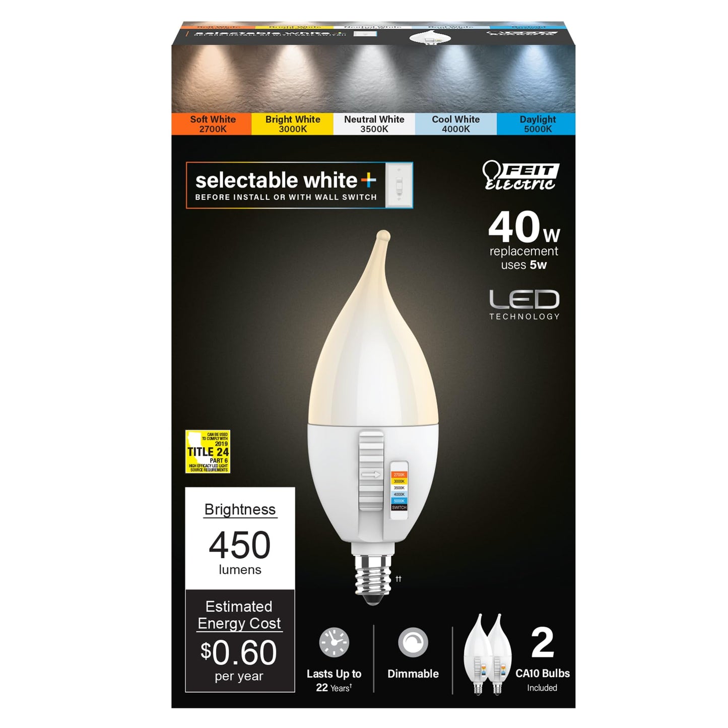 Feit Electric CA10 LED Candle Bulb Flame Tip, 40W Eq, 5CCT 6Way, 2 Pack