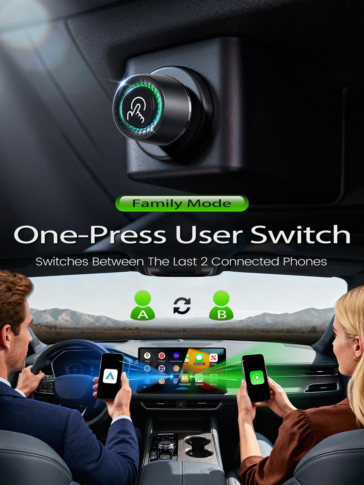 PTGTO Wireless CarPlay & Android Auto Adapter, Fast Auto Connect, No Lag, Easy Device Switching for Shared Cars, Plug & Play, Compact 2-in-1 Design