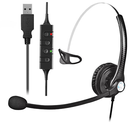WirelessFinest USB Plug Hands-Free Call Center Noise Cancelling Corded Monaural Headset Headphone with Mic Mircrophone for Both Office PC VOIP