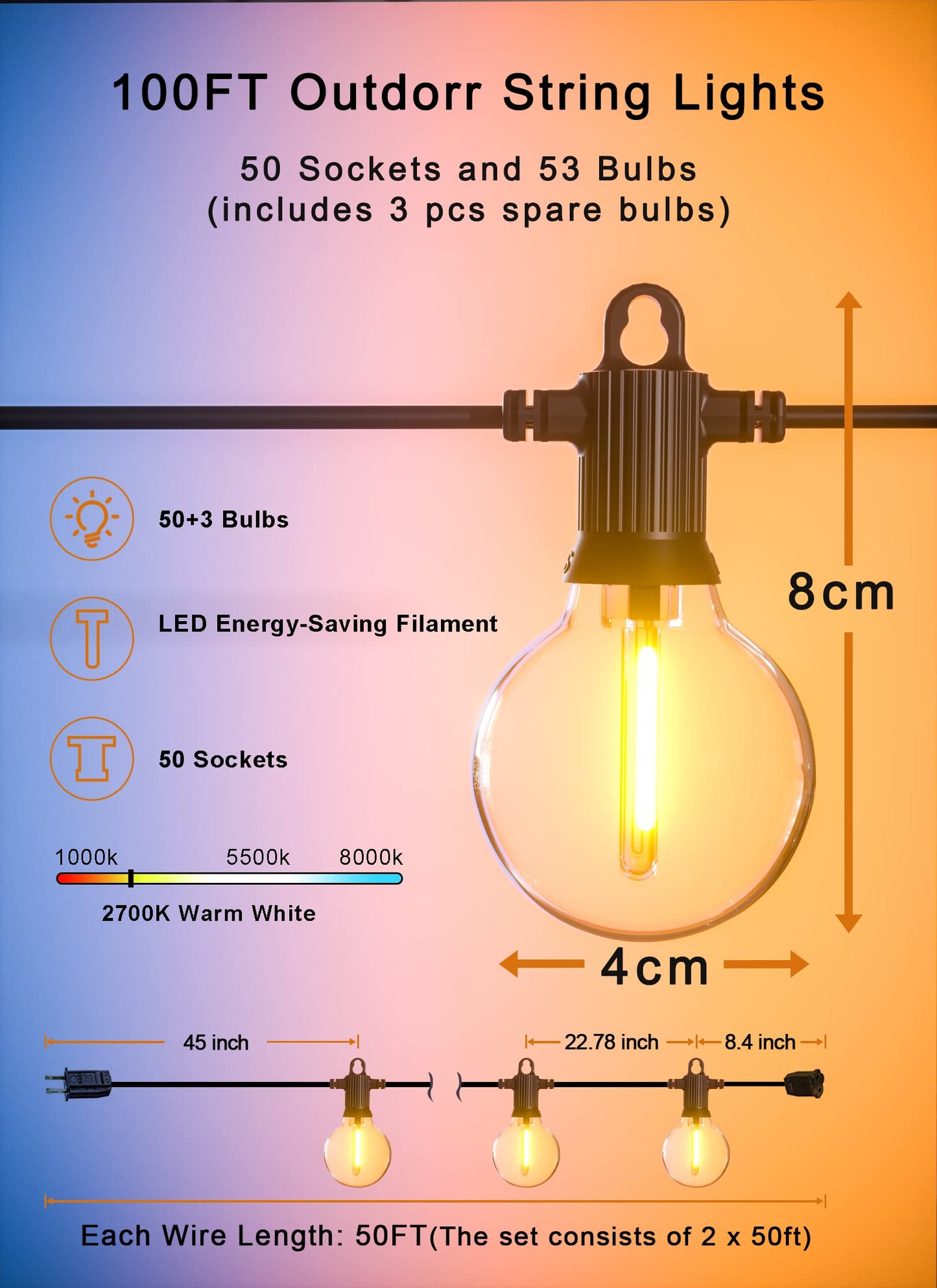 Zuske Outdoor String Lights Waterproof, 100FT LED Patio Lights with 53 Shatterproof G40 Globe Bulb(3 Spare), Connectable Dimmable Outside Hanging