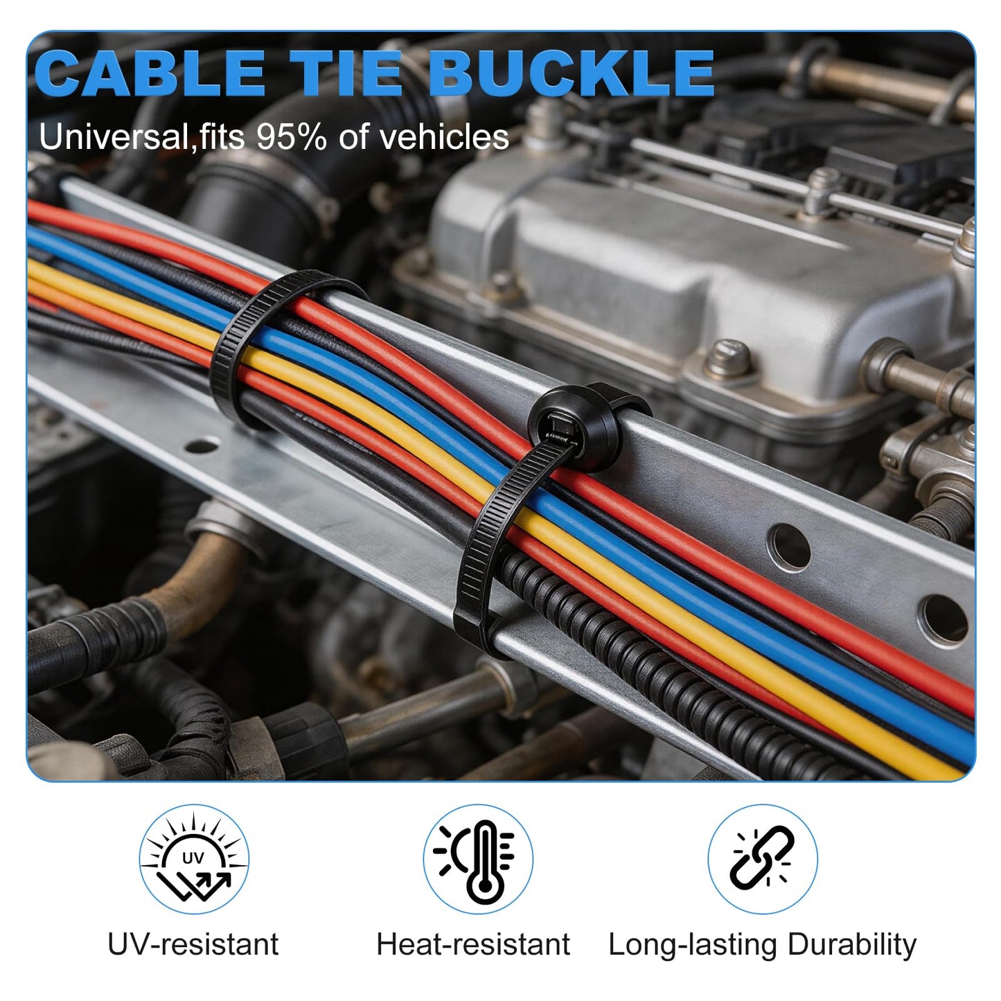 Nylon Universal Cable Tie Buckle T-Style Zip Tie Buckles with Pin & Button, UV-Resistant Cable Tie Buckle Zip Ties for Automotive Repair, Cable