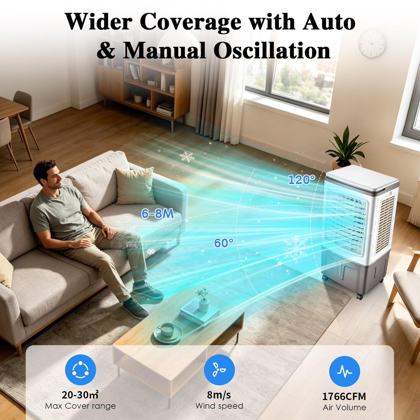 8 Gallon Evaporative Air Cooler Fan with Remote, 4-in-1 Tower Cooler, 2 Ice Boxes, Wide-Angle Airflow for Indoor