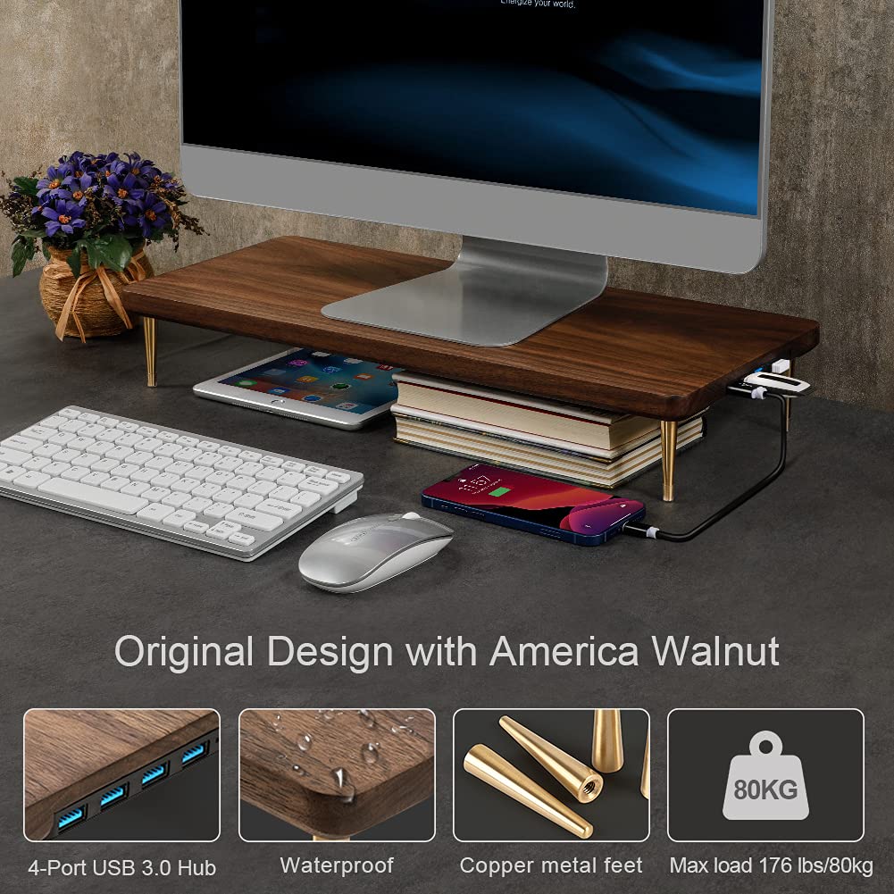 CRAFT KITTIES Monitor Stand with 4 USB Ports Walnut Wood Riser for iMac Laptop Computer Monitor - A Sturdy Computer Stand to Elevate Your Screen