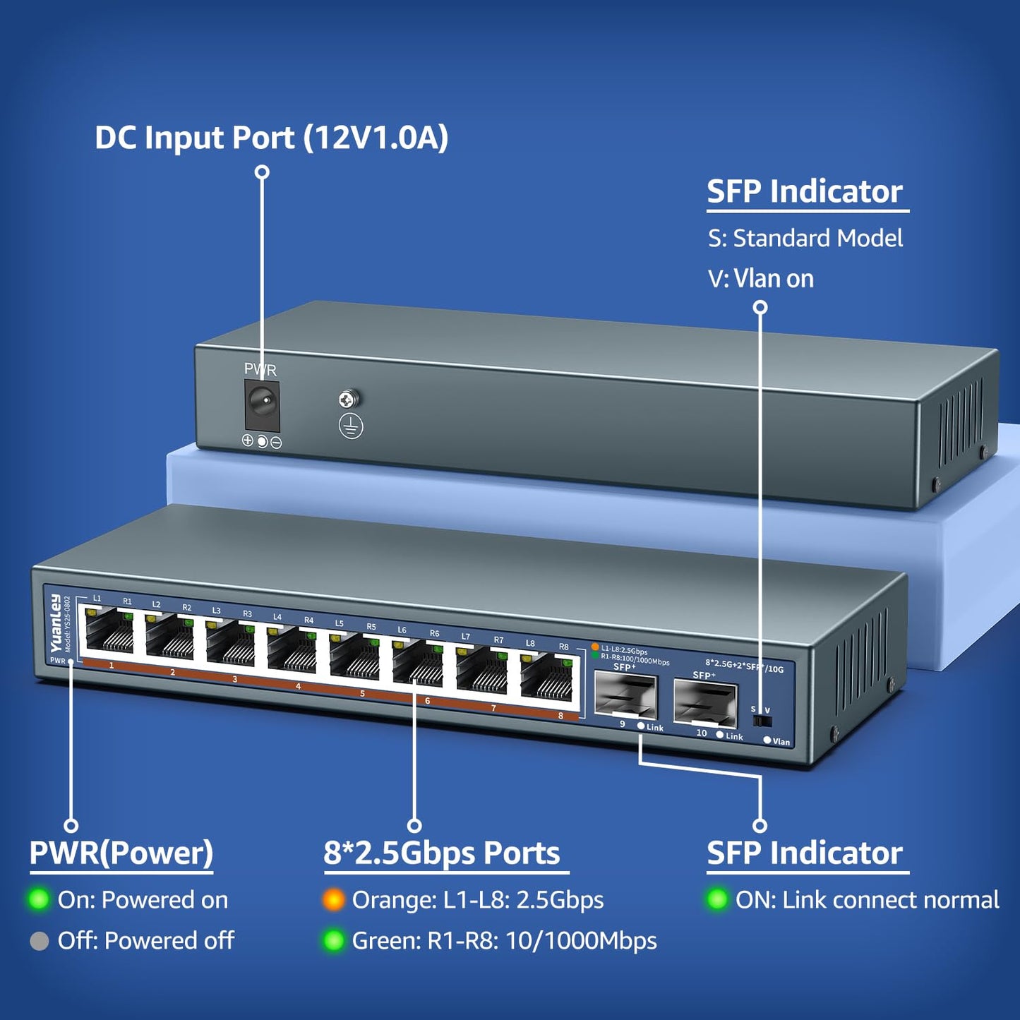 10 Port 2.5G Unmanaged Ethernet Switch, 8 x 2.5G Base-T Ports, 2 x 10G SFP, Compatible with 100/1000/2500Mbps, VLAN, Fanless, Desktop/Wall Mount