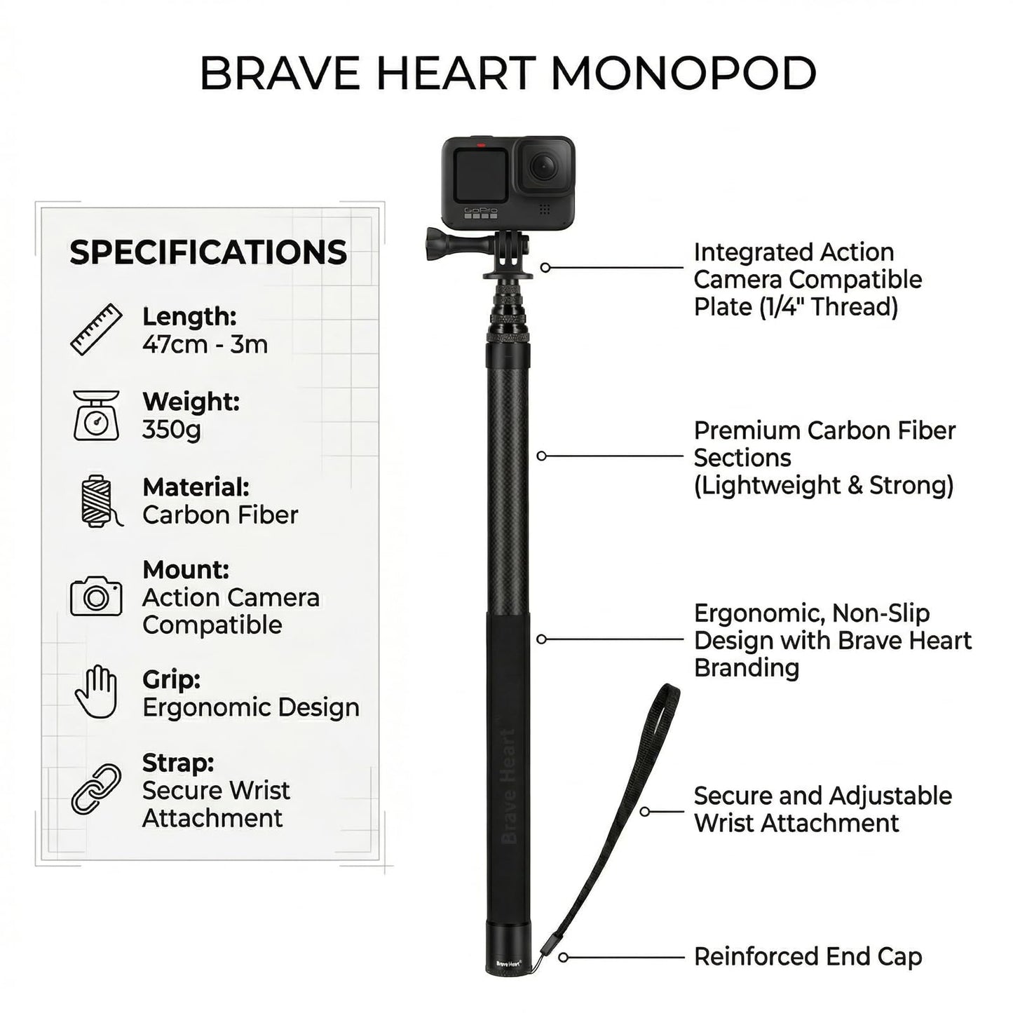 3m Long Invisible Selfie Stick 9.8ft Carbon Fiber Lightweight Extension Pole for Insta360 ONE X5 X4 X 3 X2 R RS Action Camera (Black)