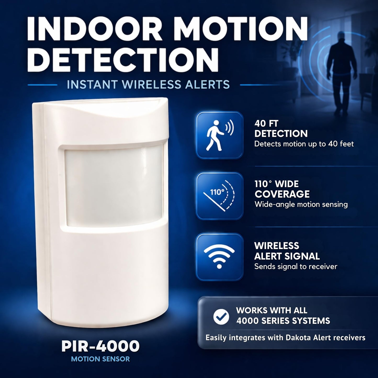 Dakota Alert Wireless Motion Detector - PIR-4000 Indoor Passive Infrared Sensor, Battery-Operated, Long Range Infrared Sensor Detects People up to 40'