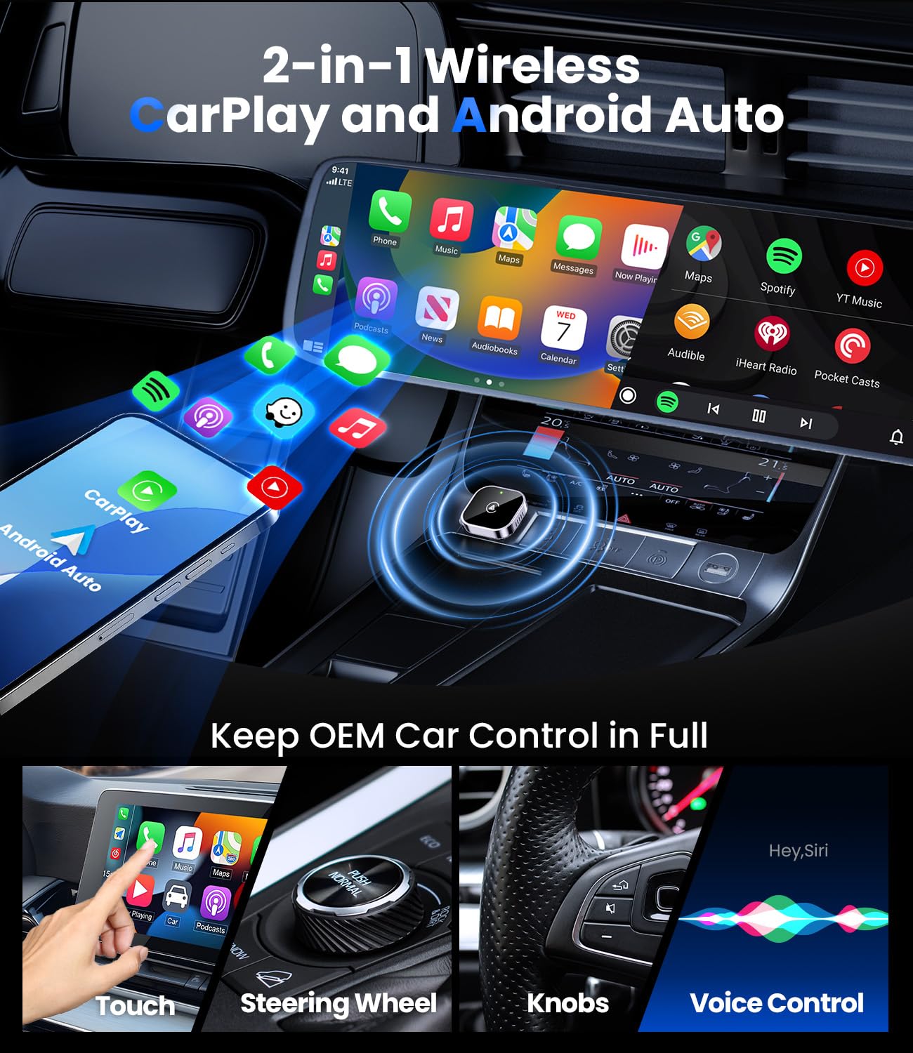 Teeran 2 in 1 Wireless CarPlay and Android Auto Adapter, Easy Setup Plug and Play, Fast Seamless Use, Supports 1000+ Cars with Built-in Wired