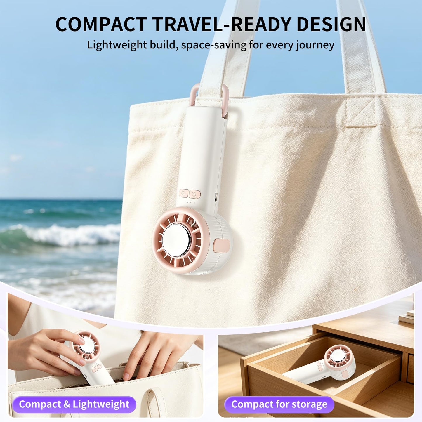 Lpibol Handheld Portable Fan, Stronger and Longer-Lasting: 3 Speed, 2000mAh Battery, Rechargeable Personal Fan with Backpack Hook for Travel Concerts