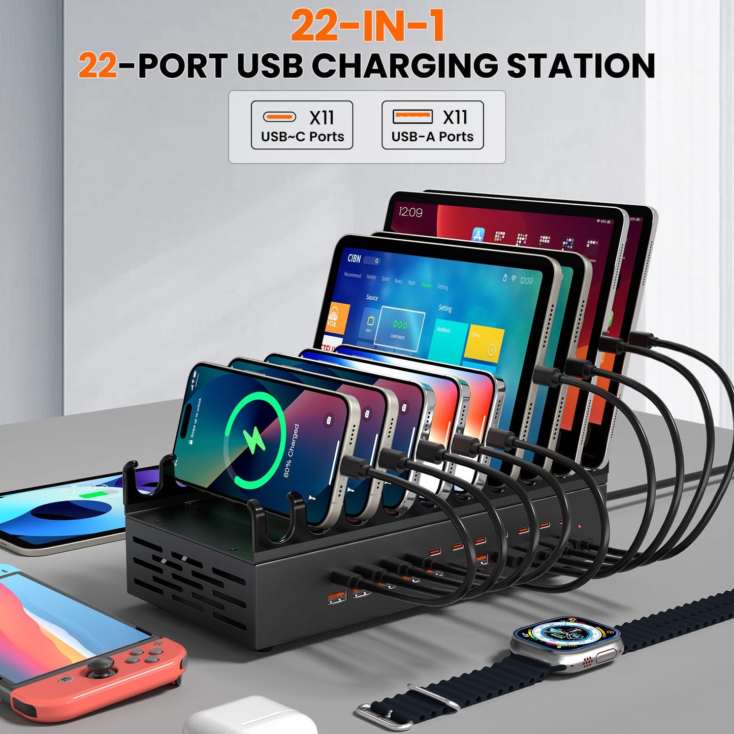 300W USB Charging Station for Multiple Devices - 22 Ports Desktop Multi Fast Charger Station with Device Organizer Stand & Multi Protection, US? Power