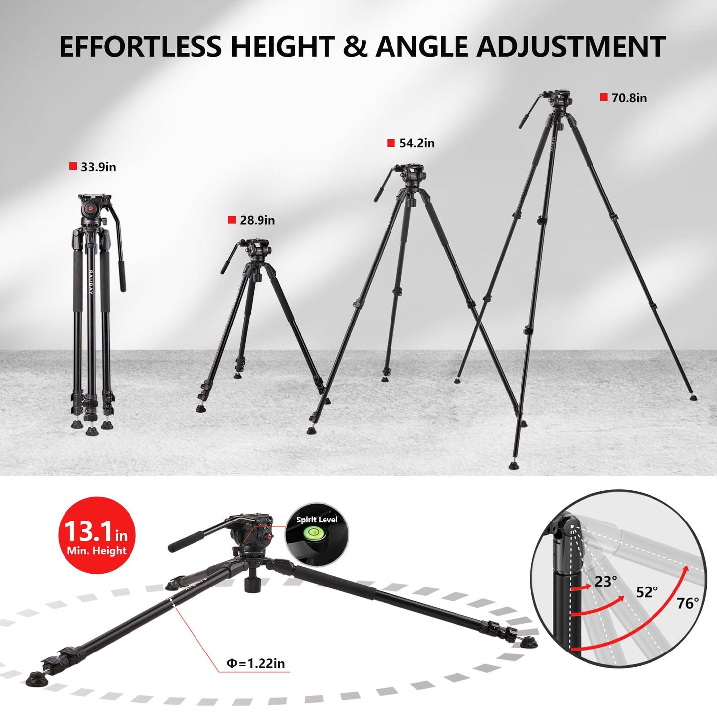 RAUBAY 70.8" Video Camera Tripod, Heavy Duty Tripods Stand with 360° Pan & 165° Tilt Fluid Head, 75mm Bowl Base, Aluminum Single Tube Legs, QR Plate