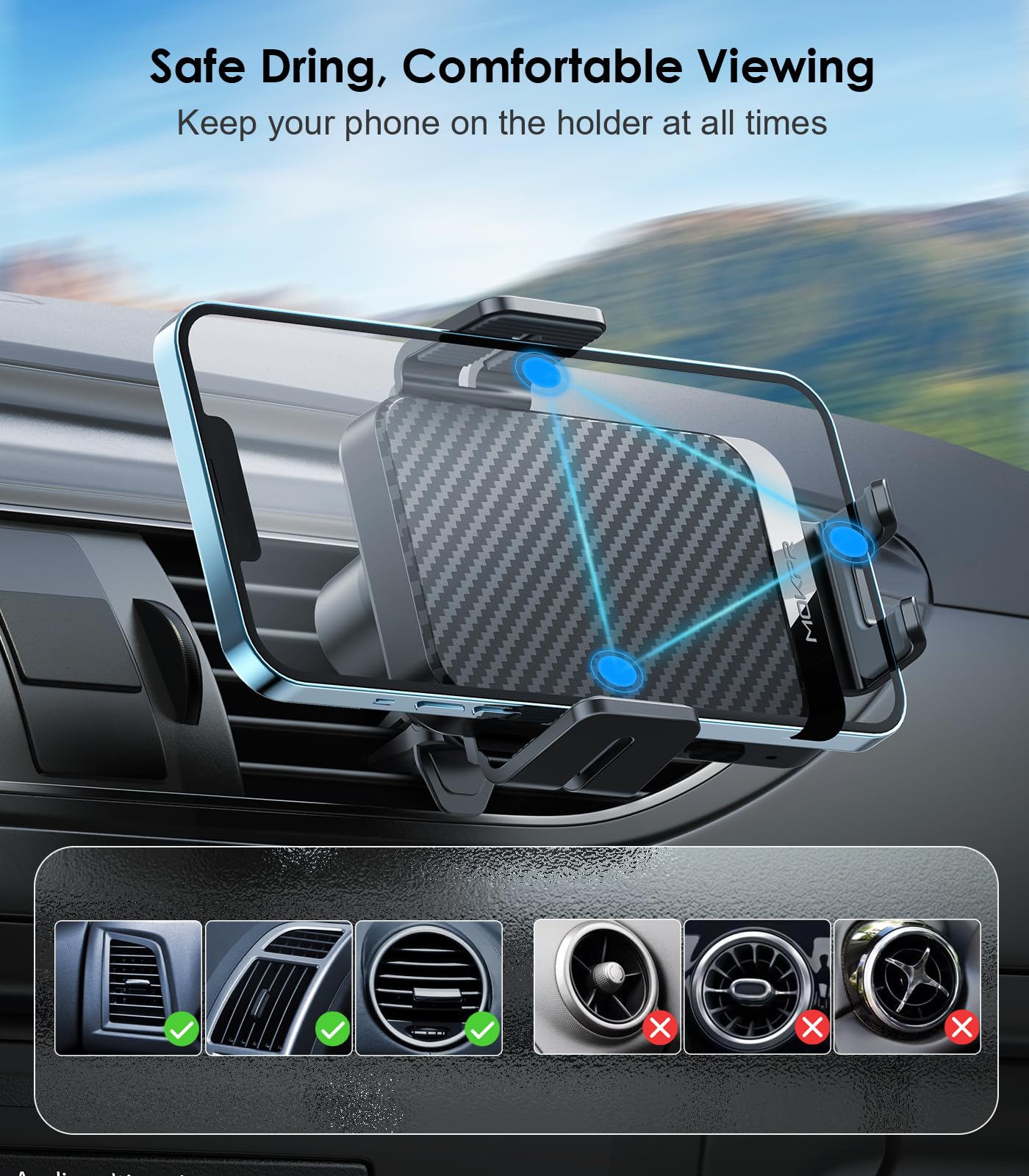 Wireless Car Charger, MOKPR 15W Fast Charging Auto-Clamping Car Charger Phone Mount Air Vent Cell Phone Holder Compatible iPhone 16/15/14/13/13 Pro/12