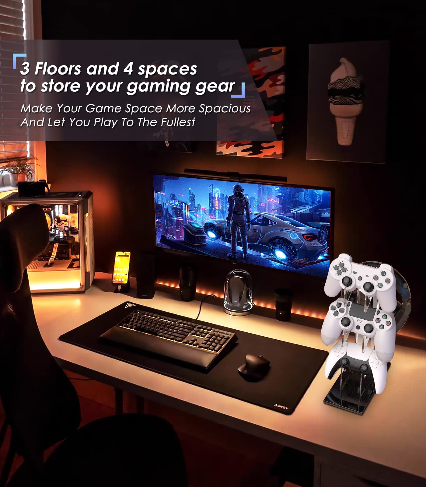 Wedorat Universal for PS5 Pro/PS5/PS5 Slim/Xbox 3 Tier Controller Stand and Headset Holder Game Accessories Storage Bracket for PS5 Pro/PS5/PS5