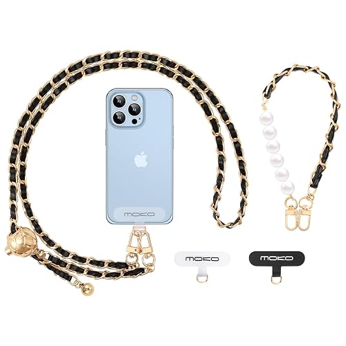 MoKo Phone Lanyard Crossbody, Universal Phone Chain for iPhone, Samsung, Most Smartphones, Neck Strap × 1, Beaded Wrist Strap x 1, Patches × 2, Black