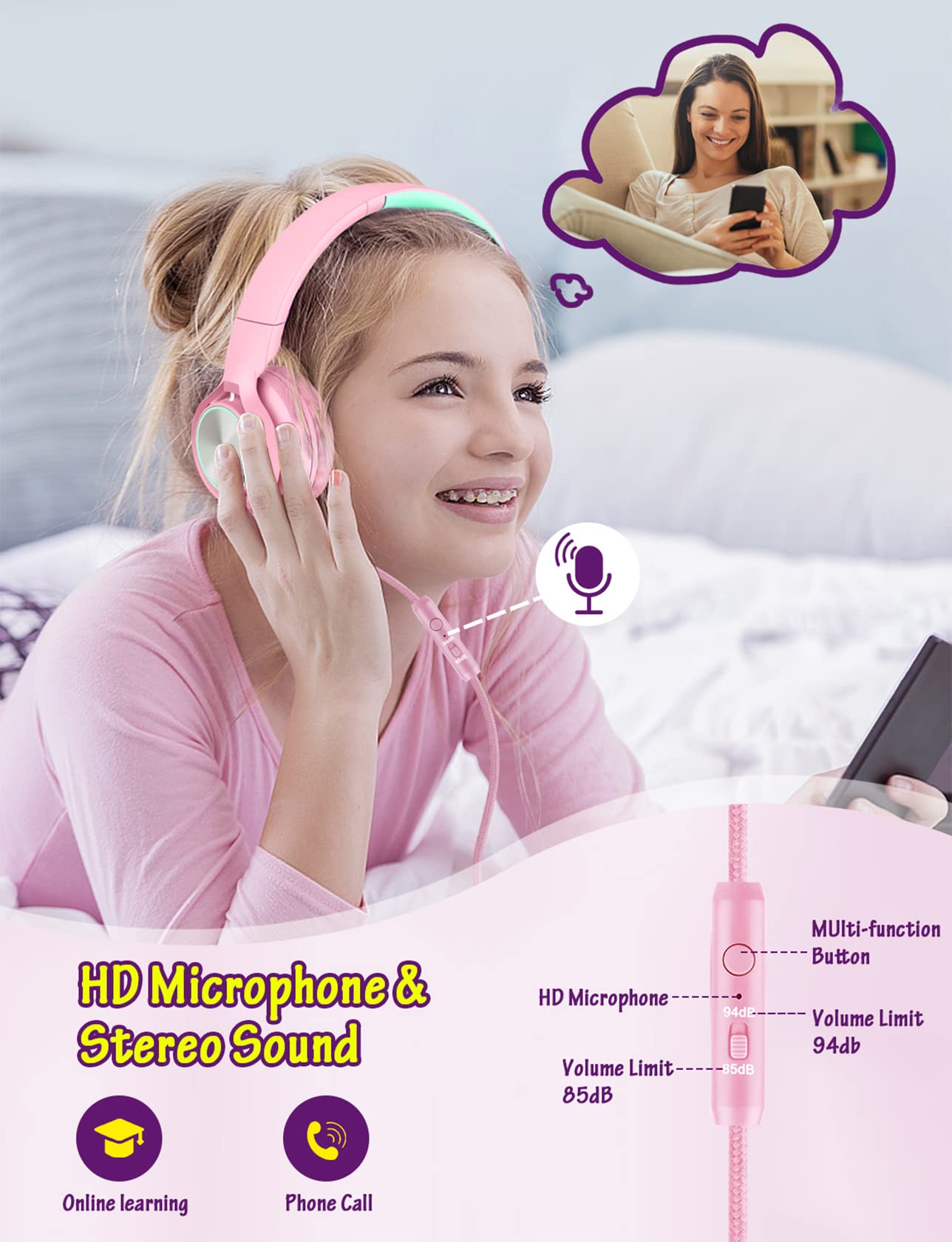 Voopwink Kids Headphones with Microphone, Wired Over Ear Headsets with Limited Volume 85dB/ 94dB for Boys Girls Teens Children Online…