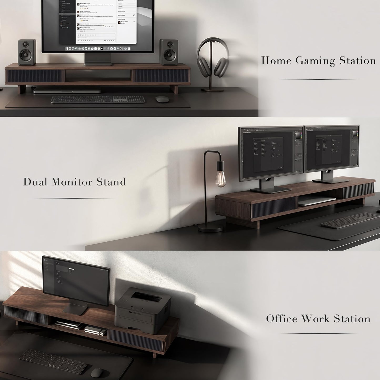 UniAbode Dual Monitor Riser with Sliding Doors & Storage - 42.5" Extra Wide Dual Monitor Stand for Desk Organizer,Desk Shelf for Office & Gaming